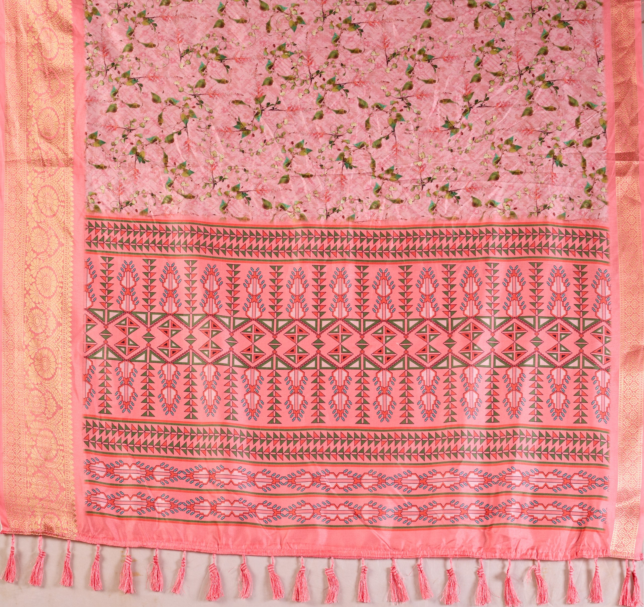 Premium Soft Lichi Silk Saree with a delicate floral print and a rich zari woven border, perfectly blending traditional elegance with modern grace.