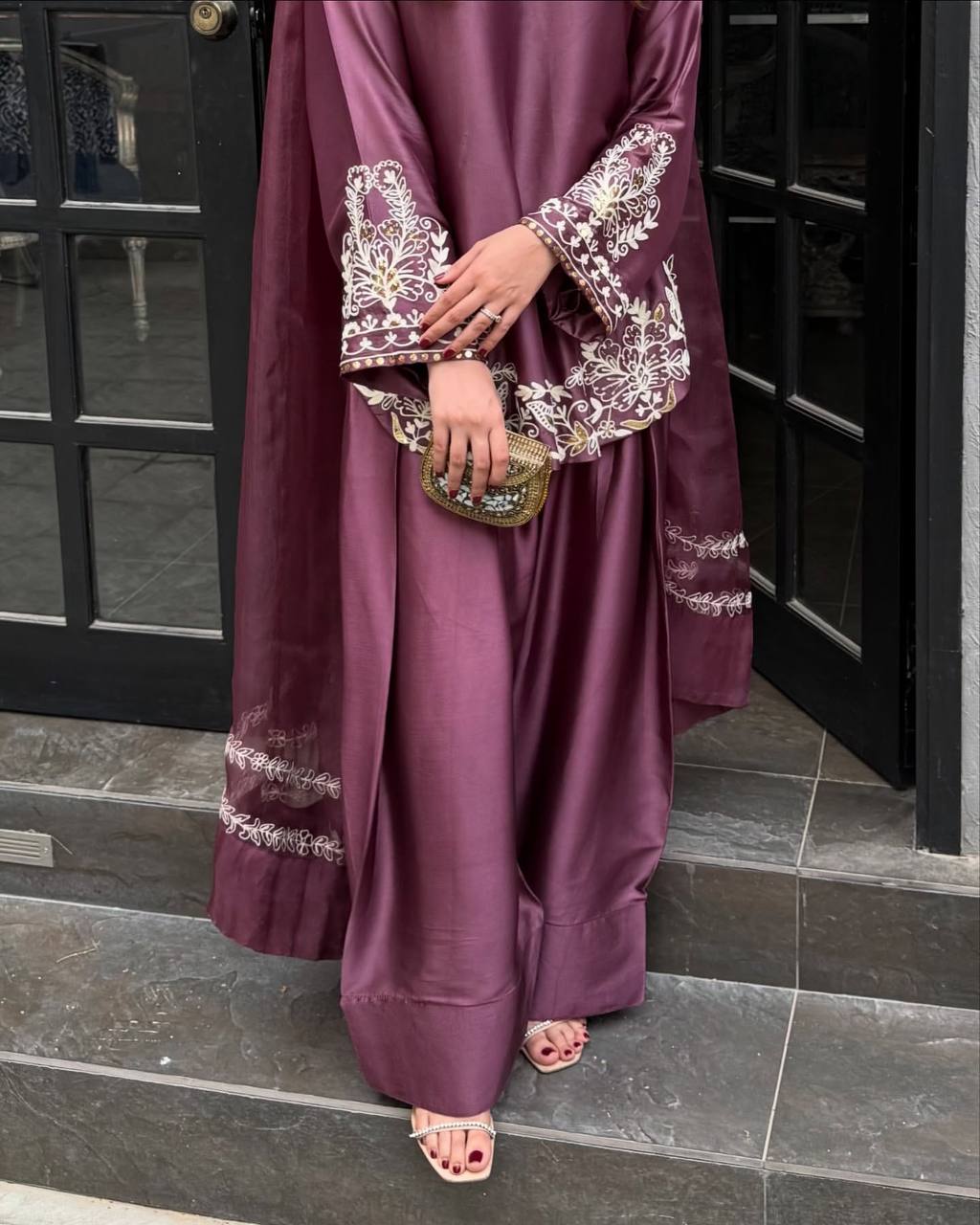 Turn heads at every function with this elegant Crepe Silk embroidered set — made to look rich, feel comfortable & fit perfectly