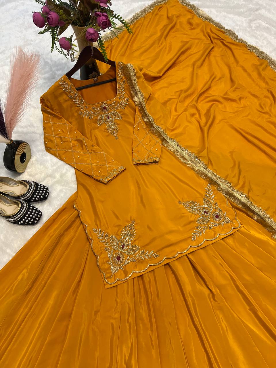 Make every occasion unforgettable with this luxurious Natural Crepe Silk Lehenga Set, crafted with rich handwork and flawless finishing