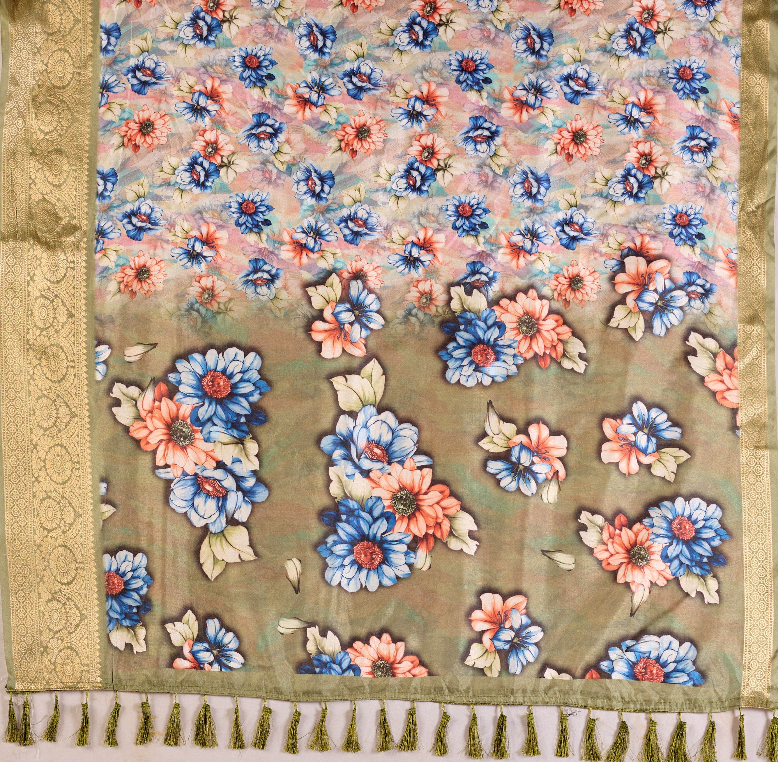 Elegant Soft Lichi Silk Saree adorned with mesmerizing digital floral patterns and a rich golden zari border