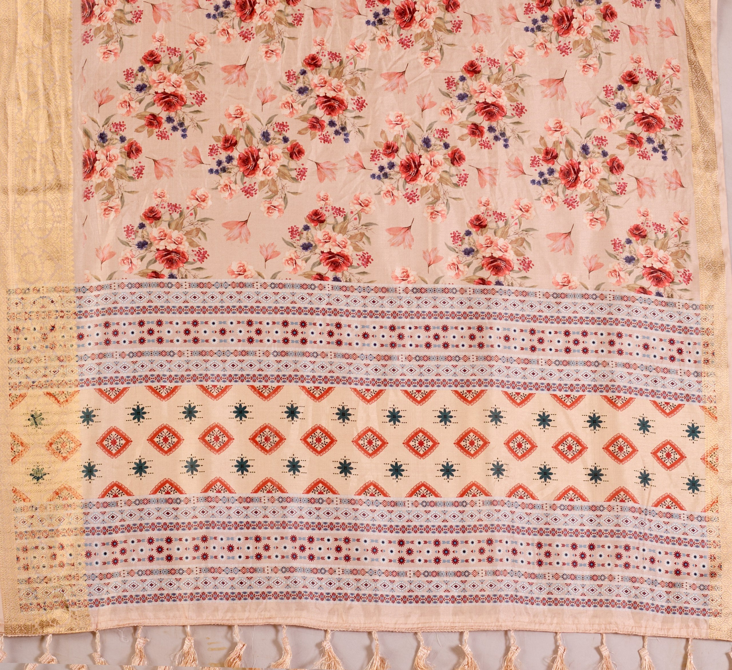 Premium Soft Lichi Silk Saree featuring enchanting floral digital weaving with a rich golden zari border