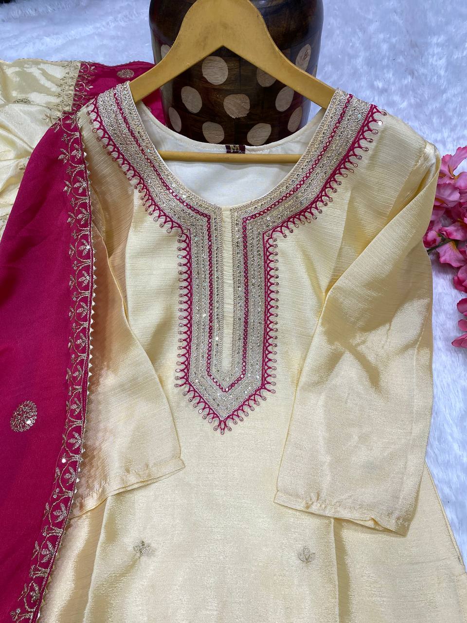 3-pair Suit Set you've described seems to be a party wear outfit made from have pure chinon  fabric with  sequence  embroidery work .(3-Pair)