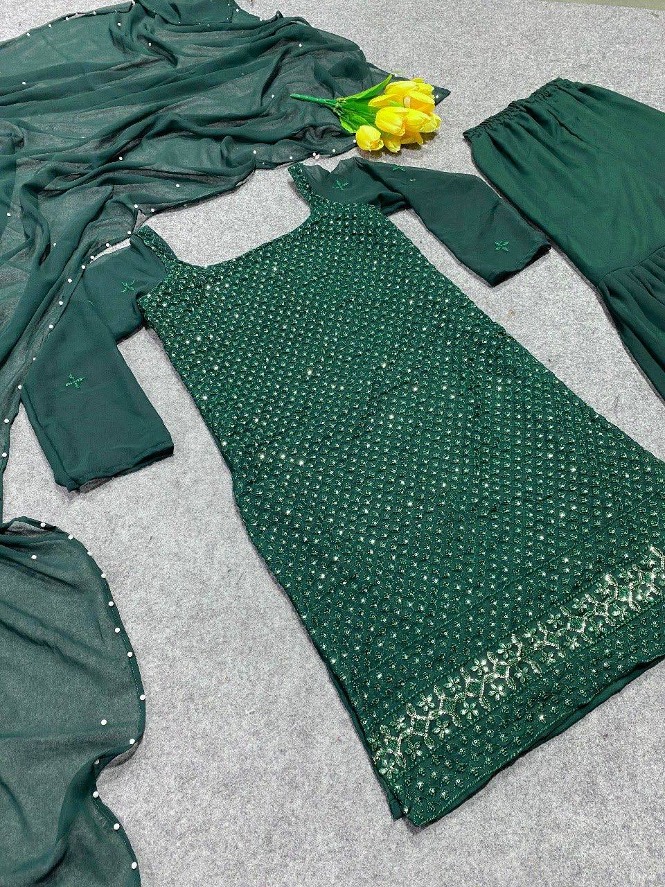 Green Colour Embroidered Attractive Party Wear Faux Georgette Top Plazzo has a Regular-fit and is Made From High-Grade Fabrics And Yarn.