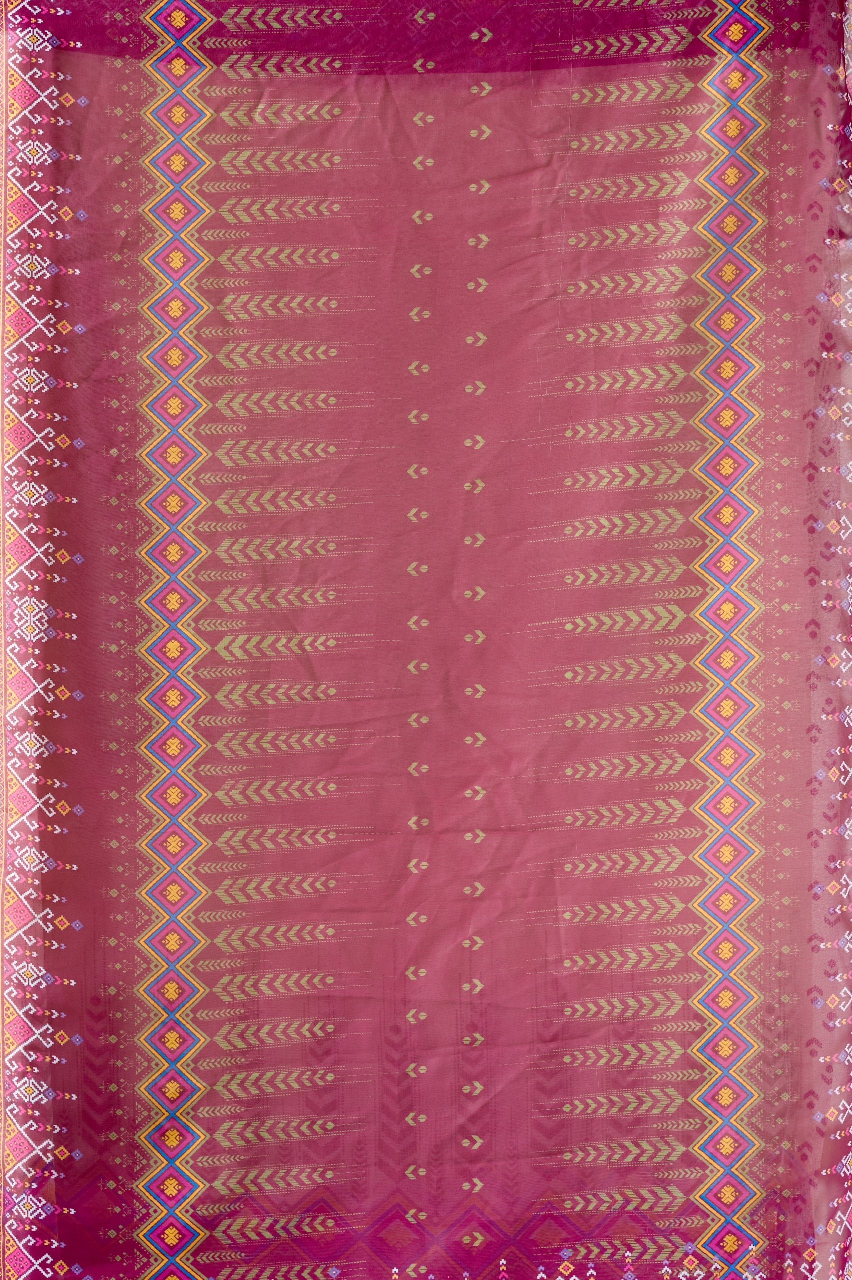 Soft Georgette Saree with Artistic Cream body and Deep Pink Geometric Digital Print border and pallu with Tassel Detailing (5.5 Mtr Saree)