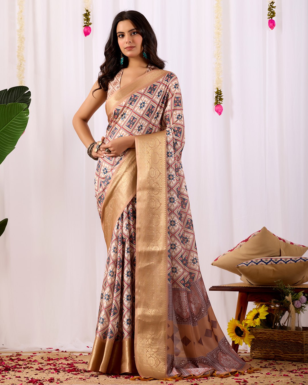 Premium Soft Lichi Silk Saree featuring elegant traditional geometric patterns, beautifully enhanced with a luxurious golden zari woven border — a graceful choice for every festive or formal occasion.