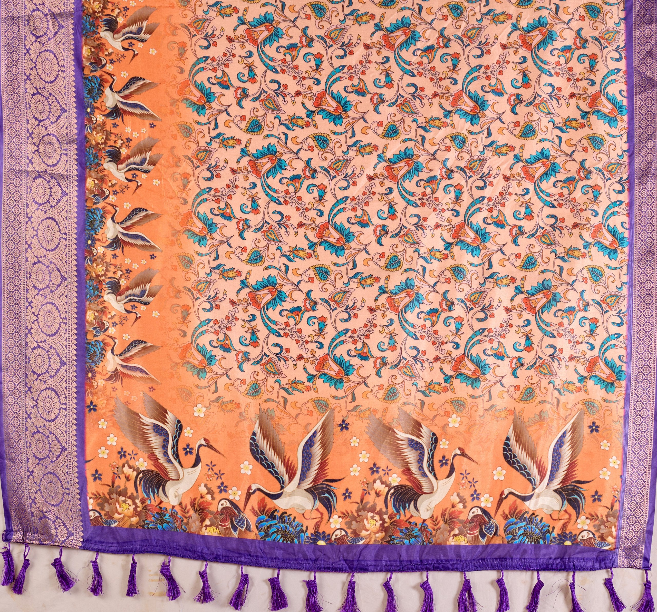 Elegant Soft Lichi Silk Saree featuring exquisite digital ethnic motifs and a royal purple golden zari border.