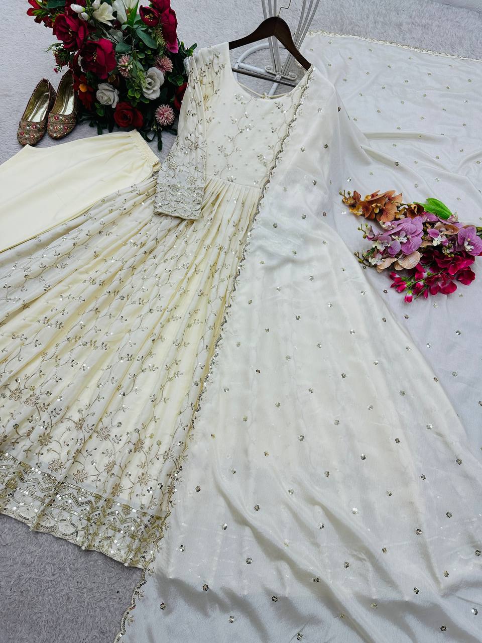 ROYAL DESIGNER Chinon Silk Gown–Pant–Dupatta Set