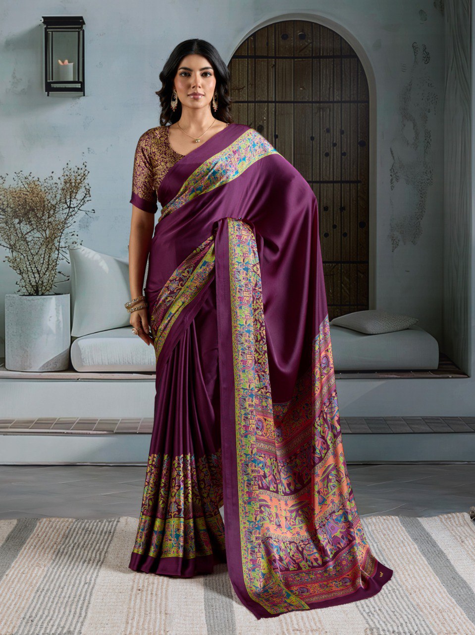 Pure Ajrakh modal satin fabric featuring traditional printed motifs with rich, earthy tones and a soft, breathable feel, perfect for all-day elegance.