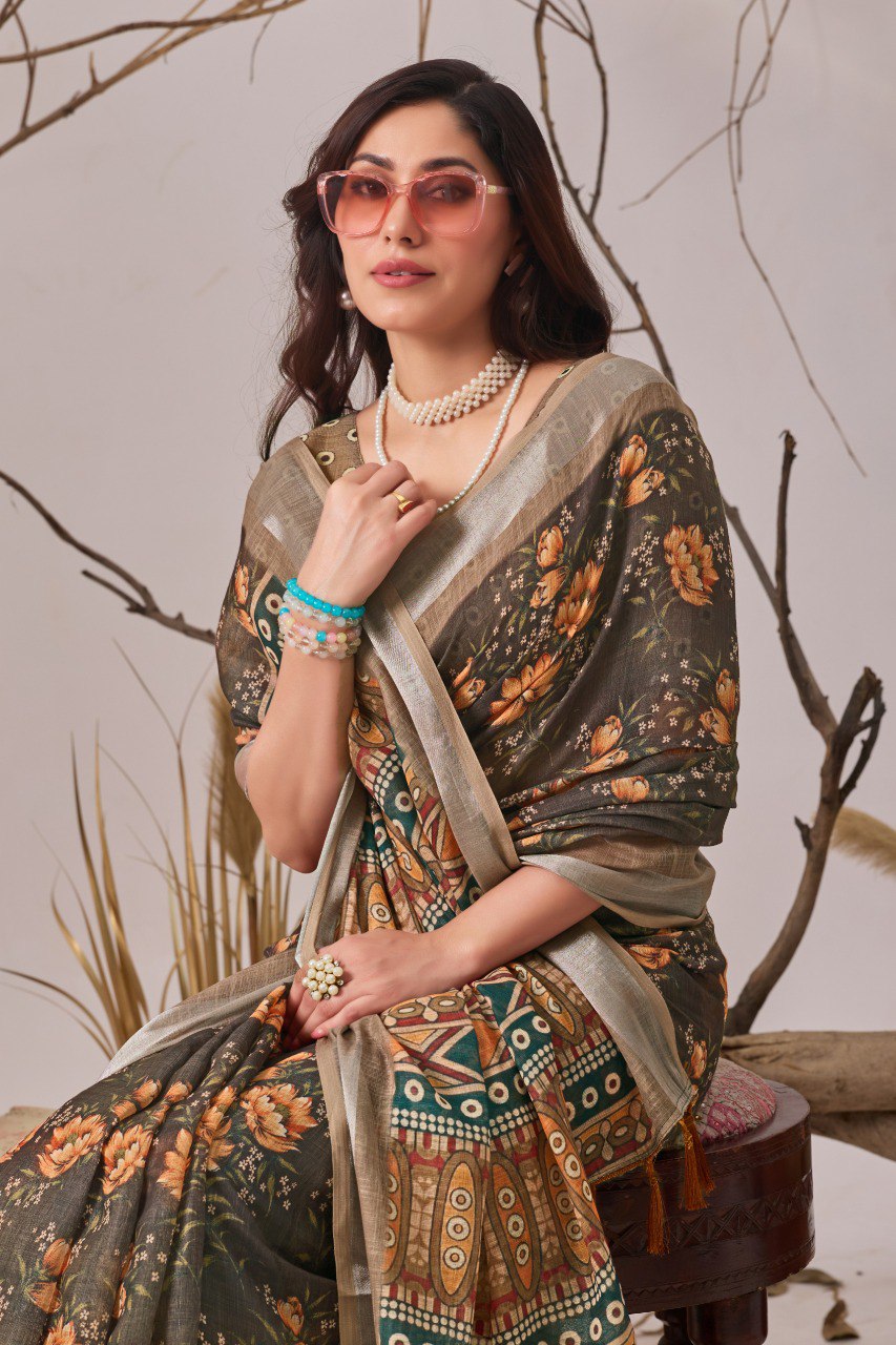 Linen Cotton Saree with Beautiful floral pattern Digital Printed Design