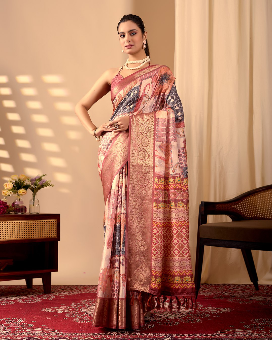 Premium Soft Lichi Silk Saree in an Elegant Peach & Multicolor Shade, beautifully adorned with Traditional and Artistic Digital Prints.