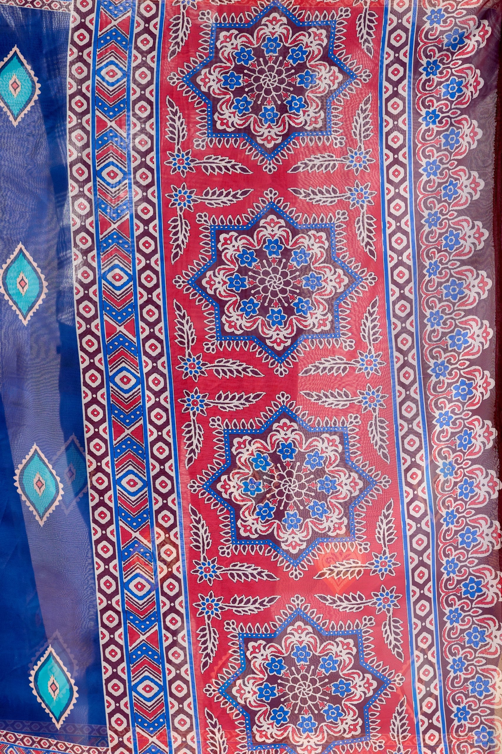 Elegant Soft Georgette Saree in Royal Blue with Contemporary Geometric Digital Prints & Intricate Border Detailing