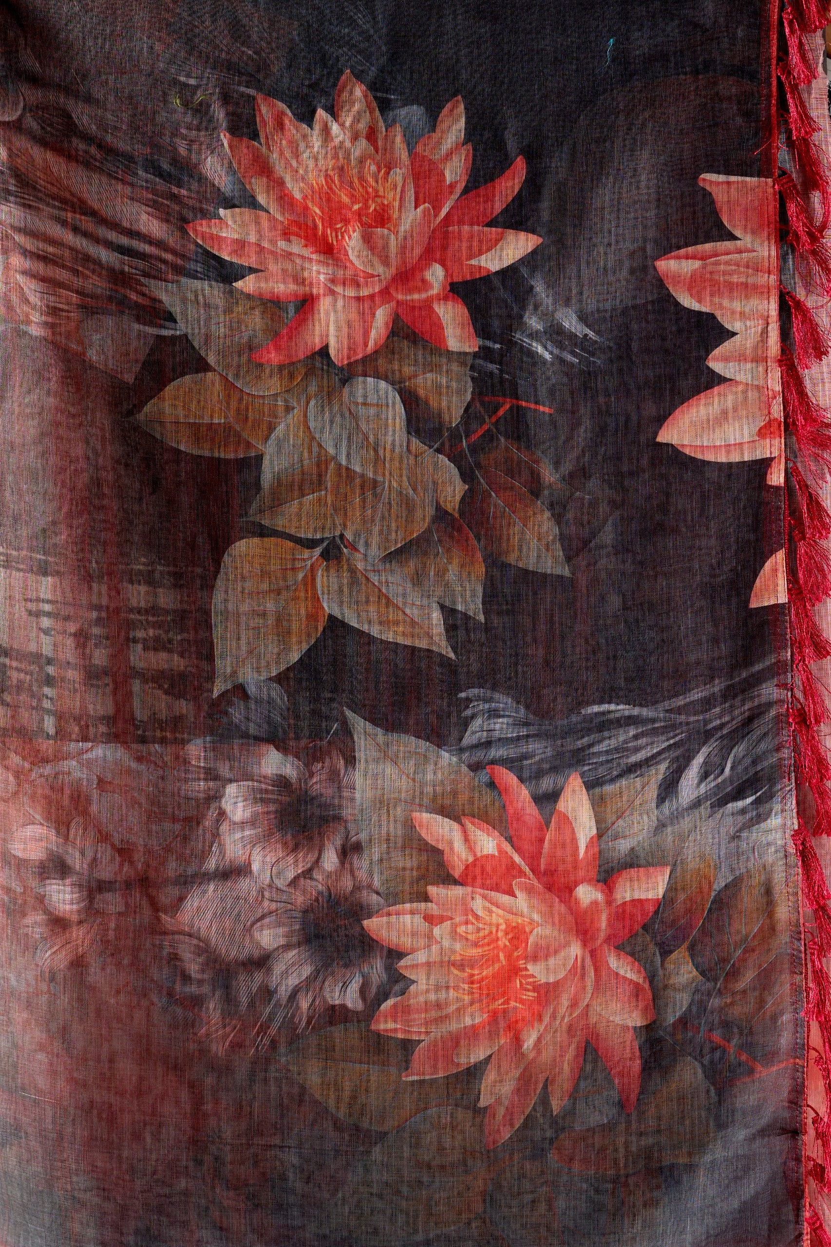 Premium Linen Cotton Saree with Artistic Dark Shade Floral Digital Print & Elegant Rust Red Border with Tassel Detailing