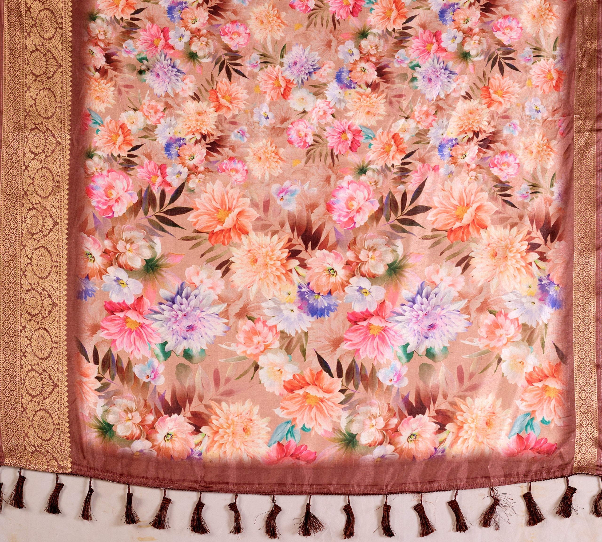 Elegant Soft Lichi Silk Saree featuring mesmerizing digital floral patterns and a rich golden zari border — the perfect blend of vintage charm and modern sophistication.