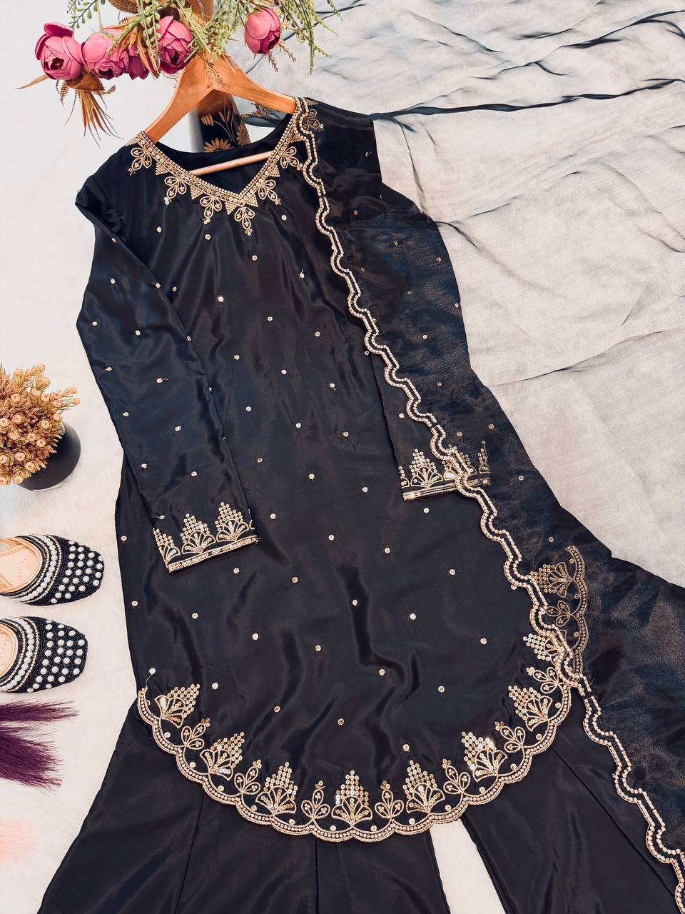 Get that premium festive look without spending big  Perfect balance of heavy embroidery + graceful flair