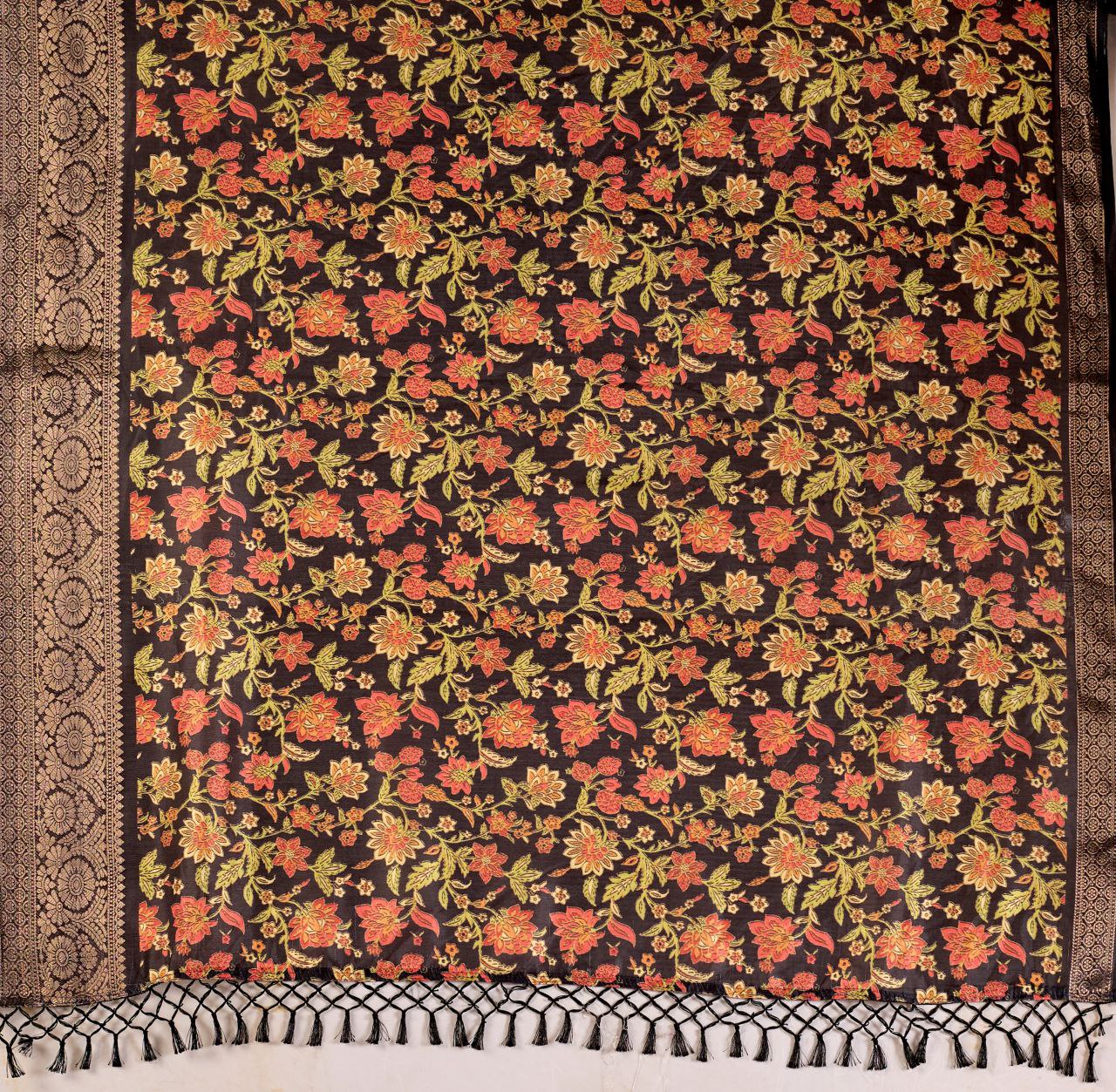 Exquisite Soft Lichi Silk Saree featuring stunning digital floral motifs on a rich black base, beautifully complemented by a luxurious golden zari border.