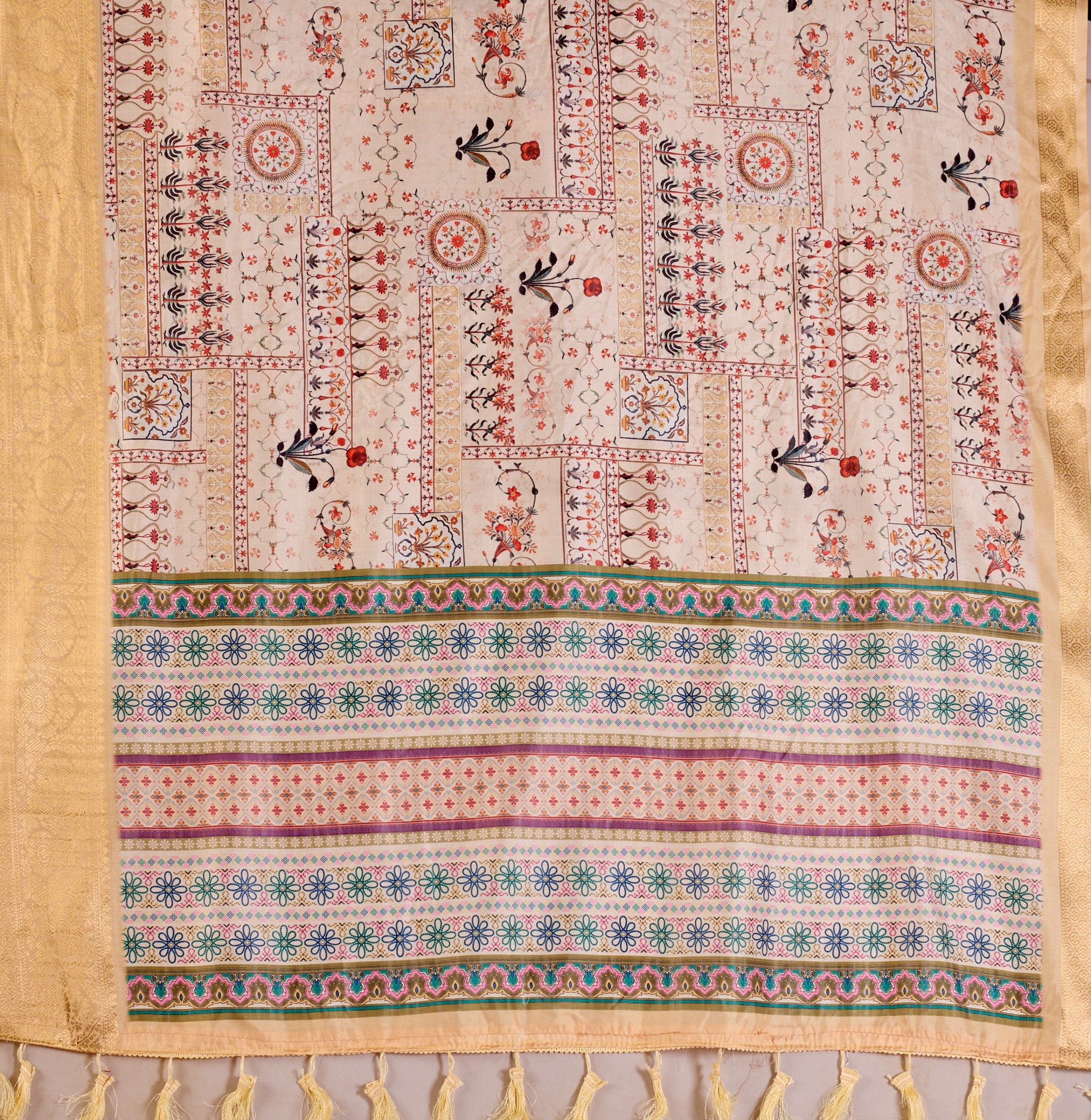 Soft Lichi Silk Saree adorned with graceful ethnic digital prints and complemented by a luxurious golden zari woven border