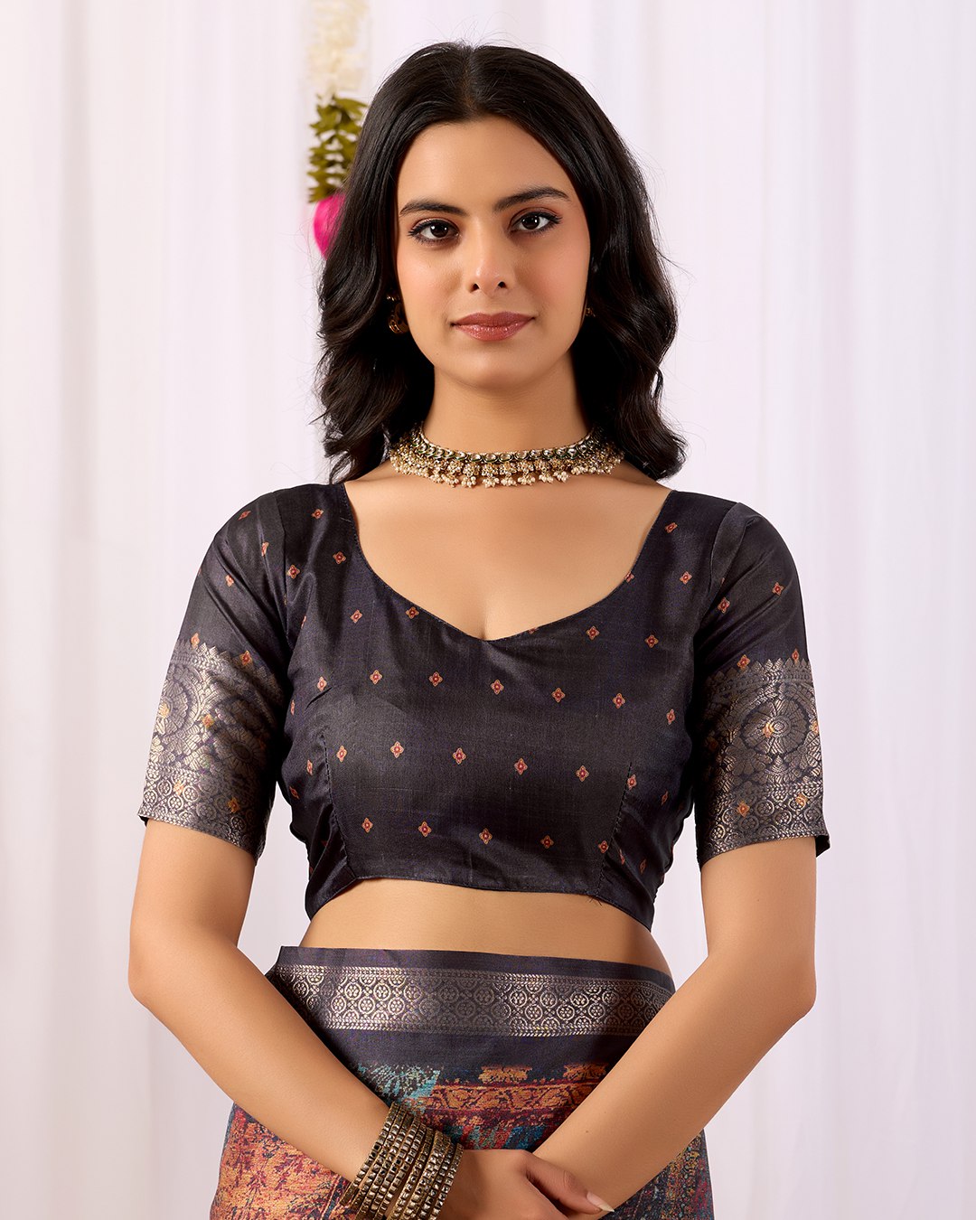 Elegant Soft Lichi Silk Saree with mesmerizing digital ethnic patterns and rich golden zari border — a perfect fusion of vintage artistry and modern luxury.