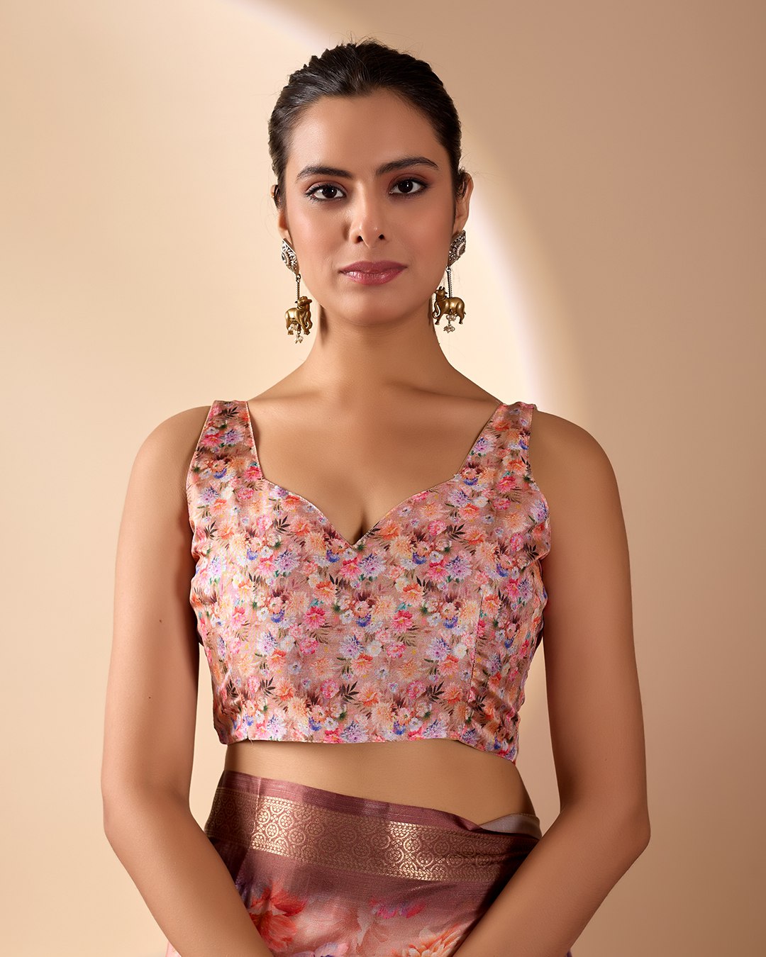 Elegant Soft Lichi Silk Saree featuring mesmerizing digital floral patterns and a rich golden zari border — the perfect blend of vintage charm and modern sophistication.