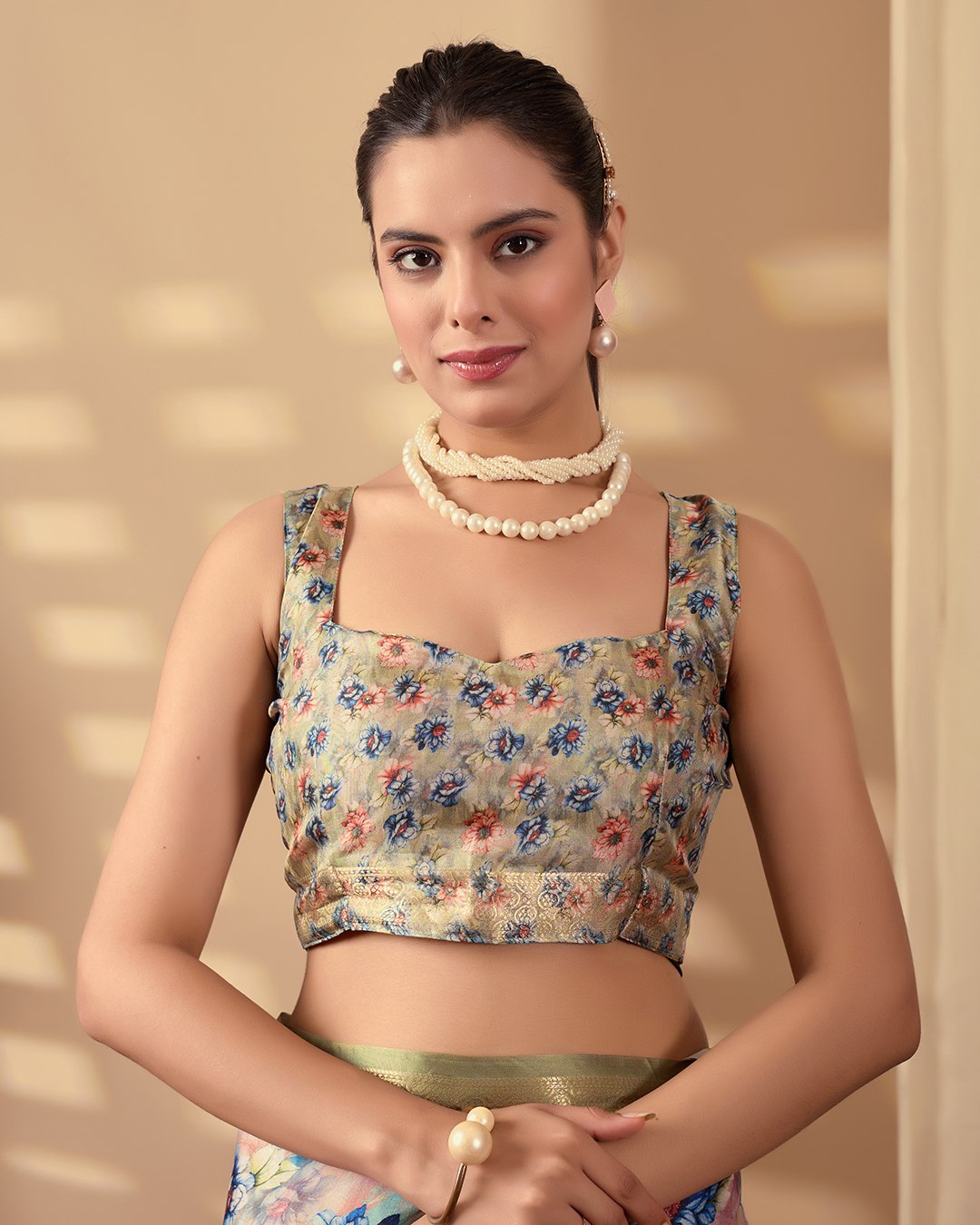 Elegant Soft Lichi Silk Saree adorned with mesmerizing digital floral patterns and a rich golden zari border