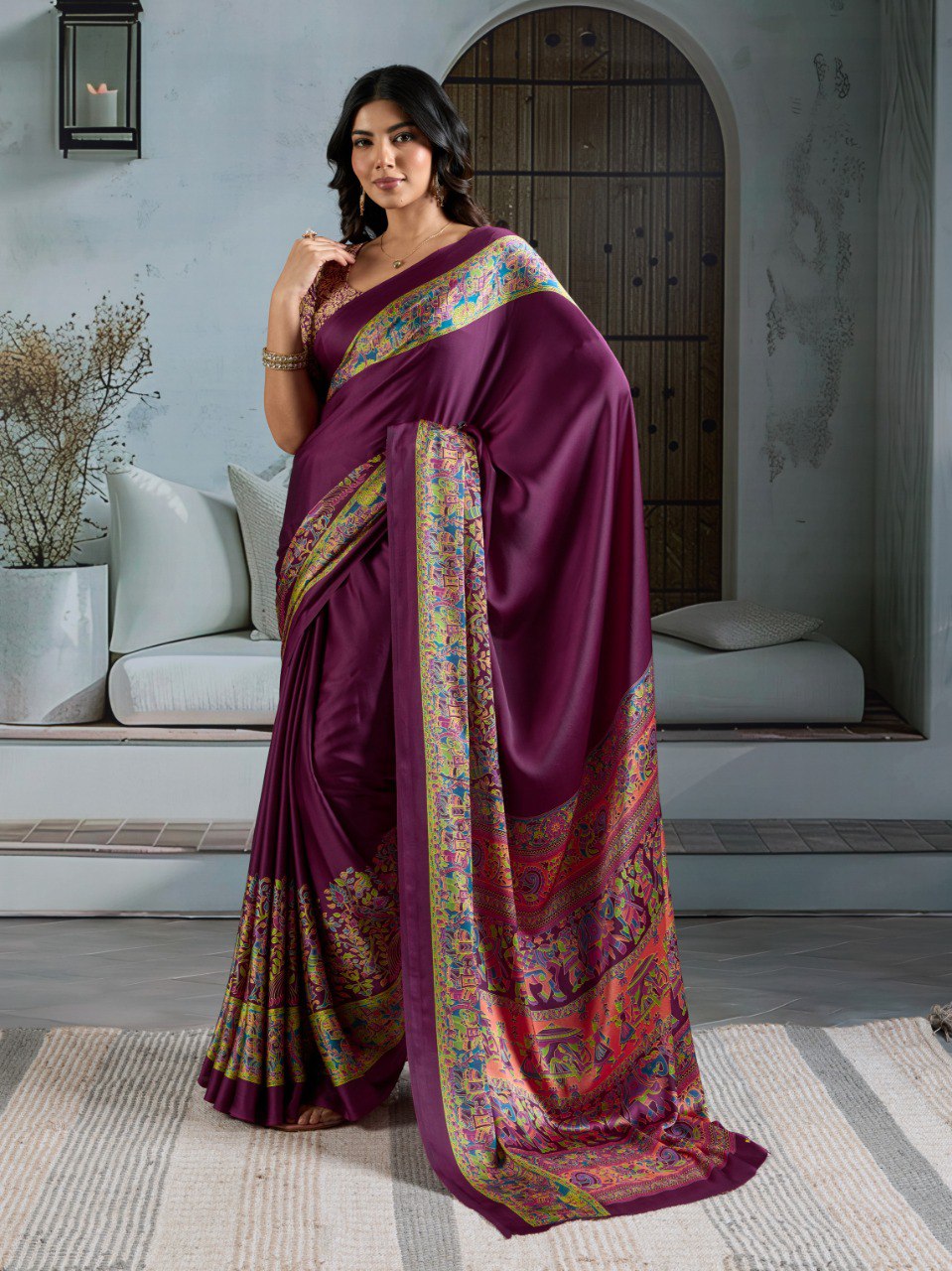 Pure Ajrakh modal satin fabric featuring traditional printed motifs with rich, earthy tones and a soft, breathable feel, perfect for all-day elegance.