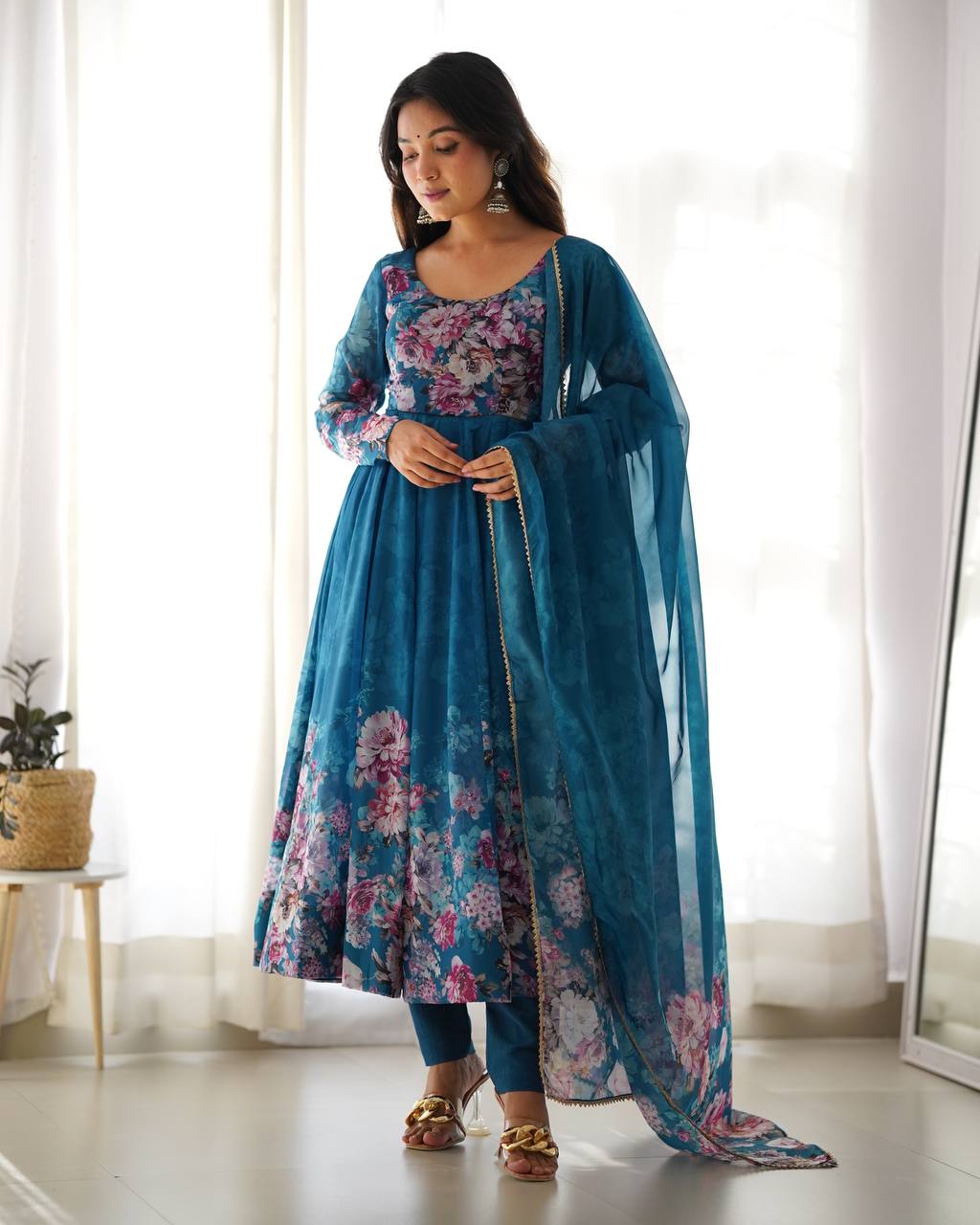 Floral Print Organza Three Piece Anarkali Suit