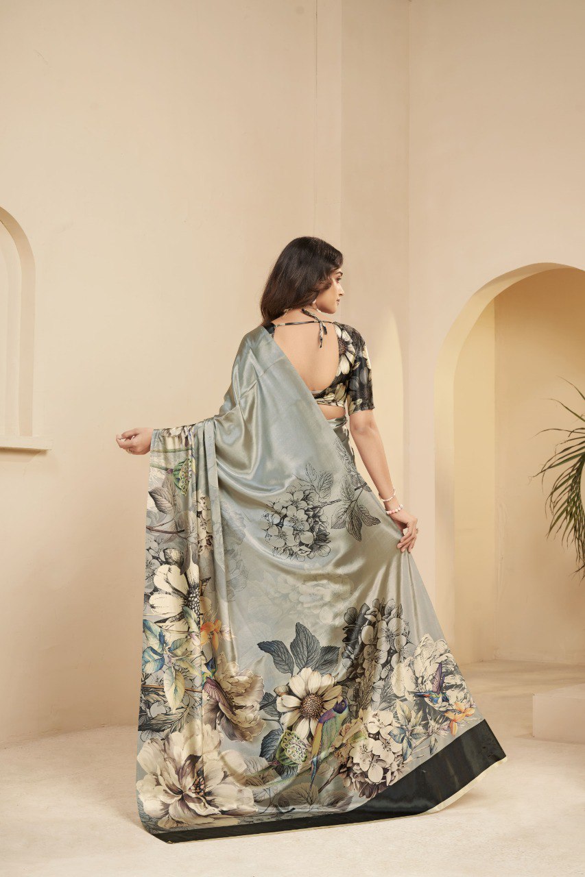 Premium Malai Crepe Soft Silk Saree featuring a modern digital floral print with a graceful fall and elegant party-wear appeal. Designed to give a classy yet contemporary look, perfect for festive and celebration wear.