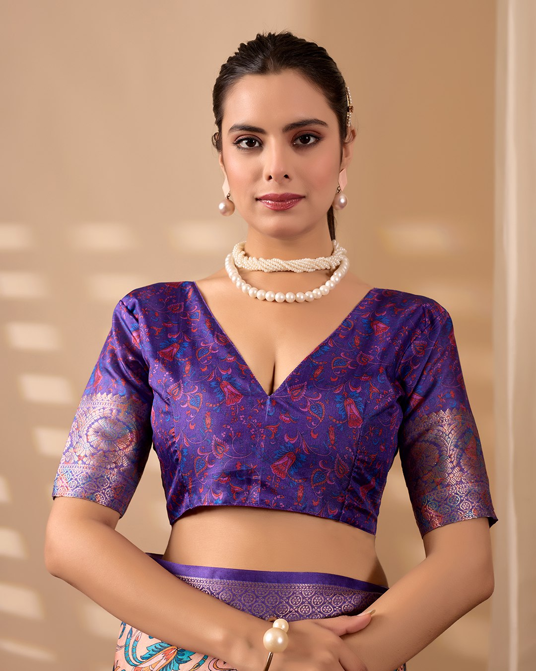 Elegant Soft Lichi Silk Saree featuring exquisite digital ethnic motifs and a royal purple golden zari border.