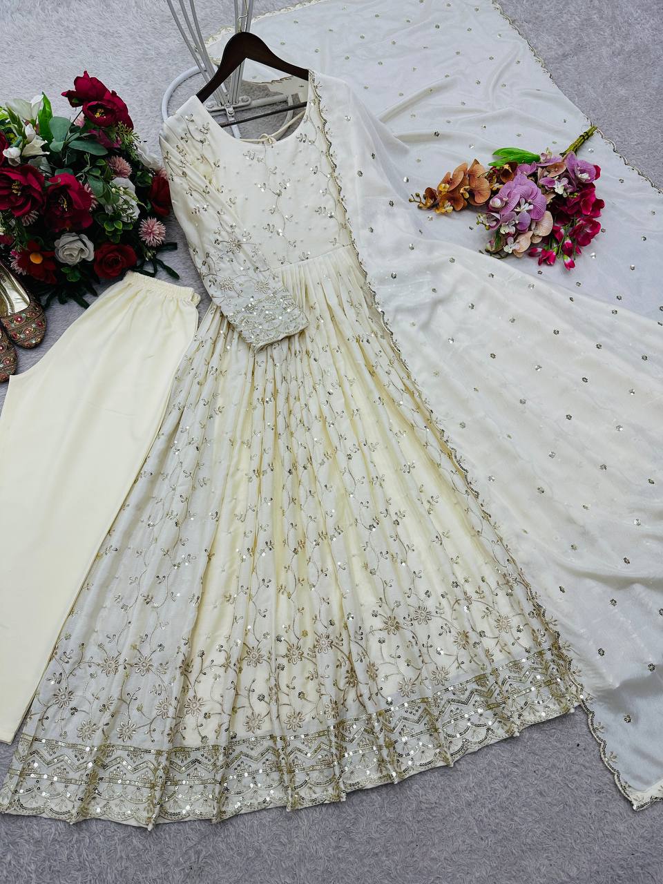 ROYAL DESIGNER Chinon Silk Gown–Pant–Dupatta Set