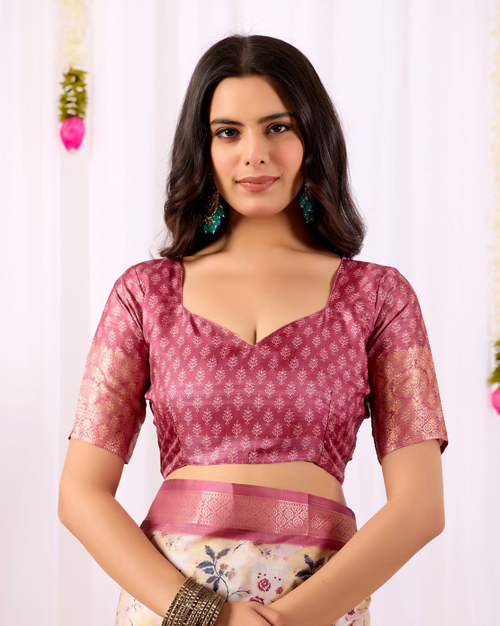Premium Soft Lichi Silk Saree featuring mesmerizing floral digital prints beautifully enhanced with an elegant contrast zari woven border.