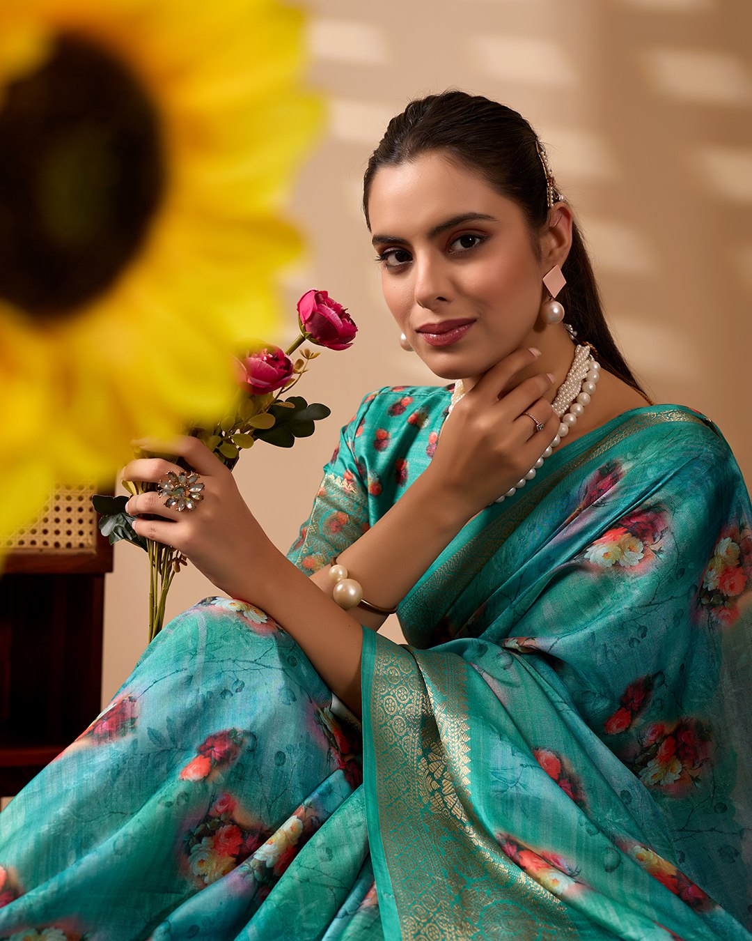 Elegant Soft Lichi Silk Saree adorned with digital floral patterns and a rich golden zari border.