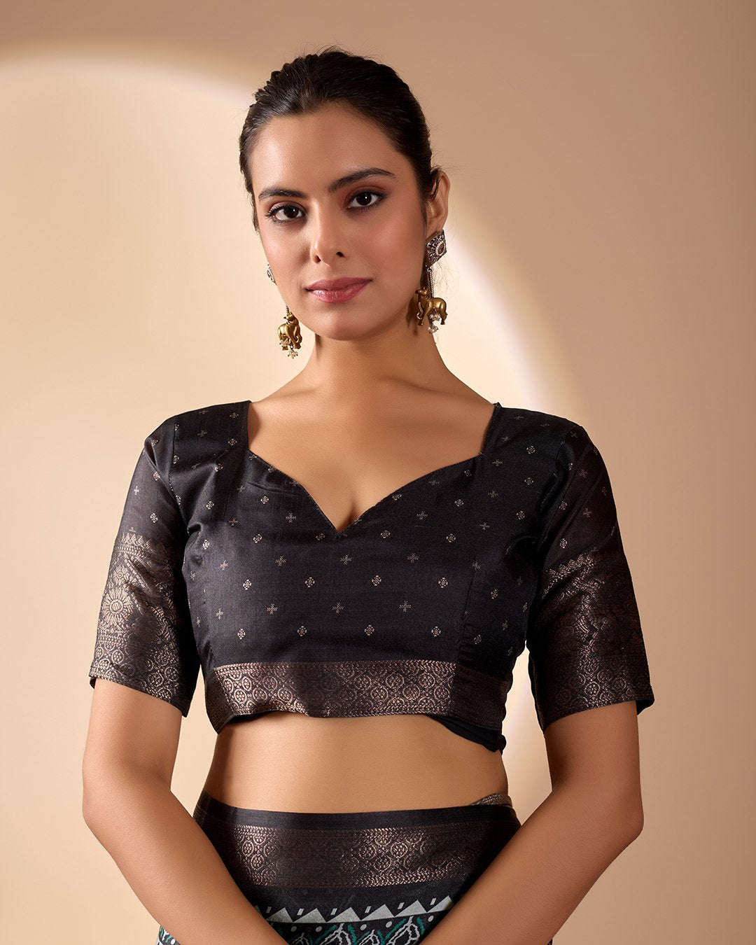 Exquisite Soft Lichi Silk Saree featuring elegant digital ethnic geometric designs paired with a luxurious copper zari border.