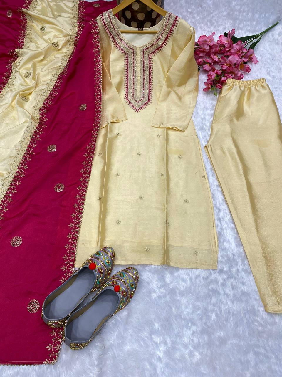 3-pair Suit Set you've described seems to be a party wear outfit made from have pure chinon  fabric with  sequence  embroidery work .(3-Pair)