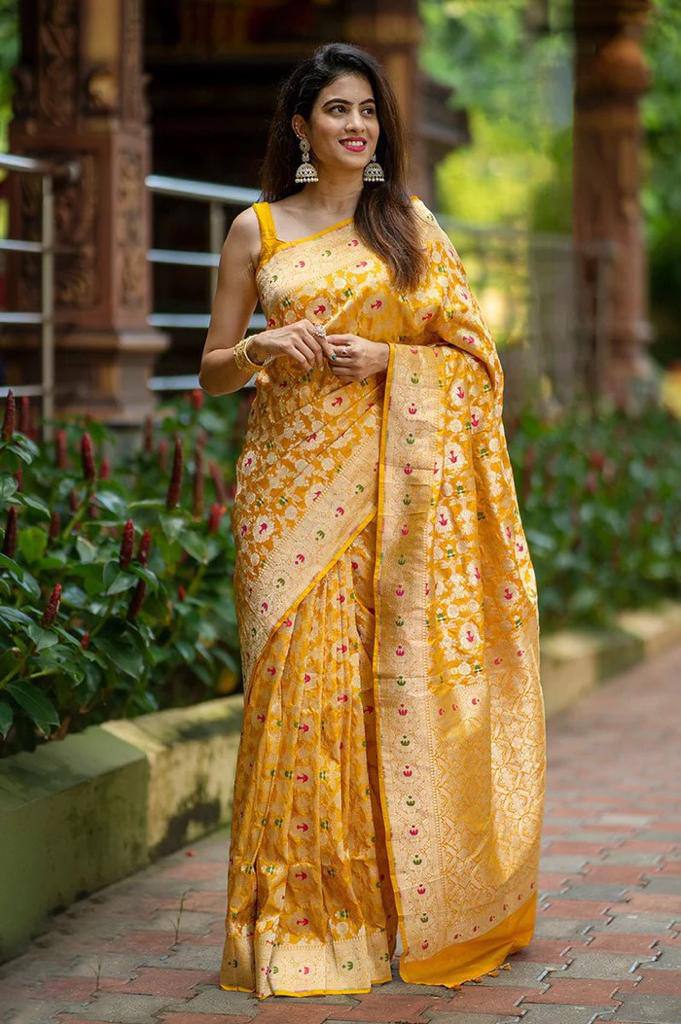 Mango Yellow Banarasi Silk Saree With Zari Weaving Work