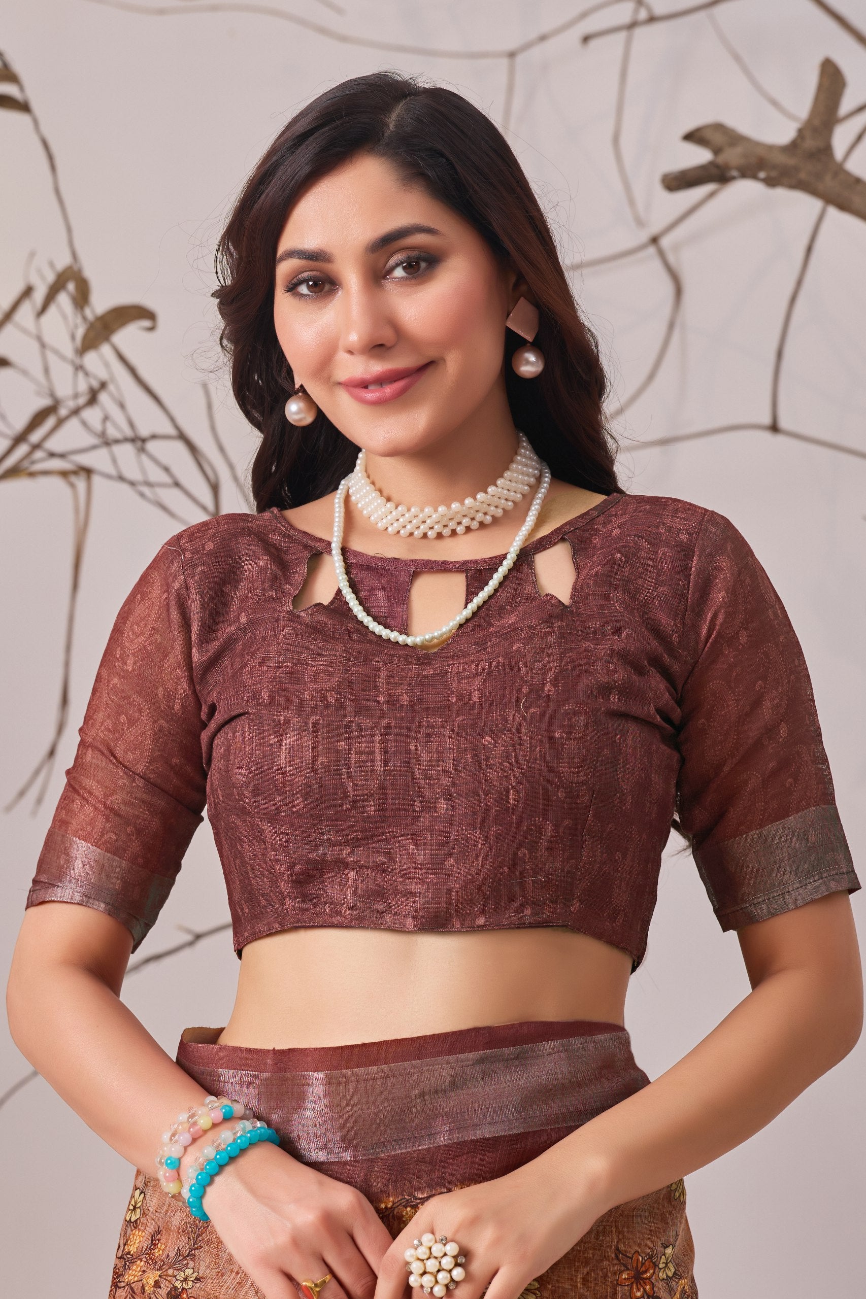 Linen Cotton Saree with Elegant Digital Floral & Traditional Woven-Style Print