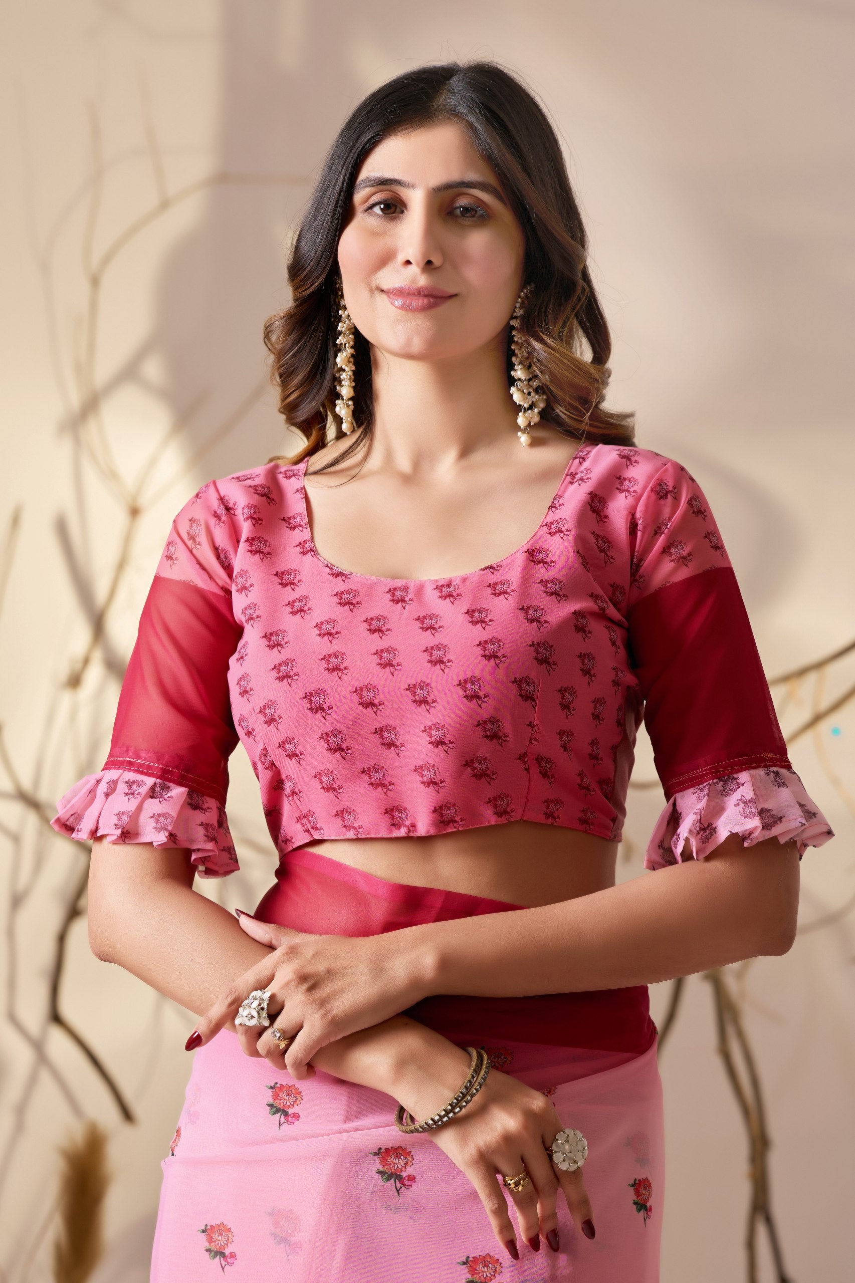 Soft Georgette Saree in Dual Pink Shades Accented with Delicate Floral Digital Printed sarees