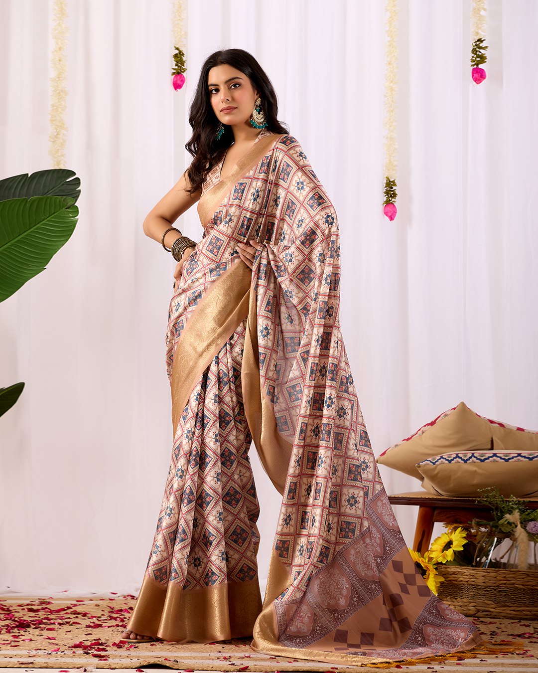 Premium Soft Lichi Silk Saree featuring elegant traditional geometric patterns, beautifully enhanced with a luxurious golden zari woven border — a graceful choice for every festive or formal occasion.