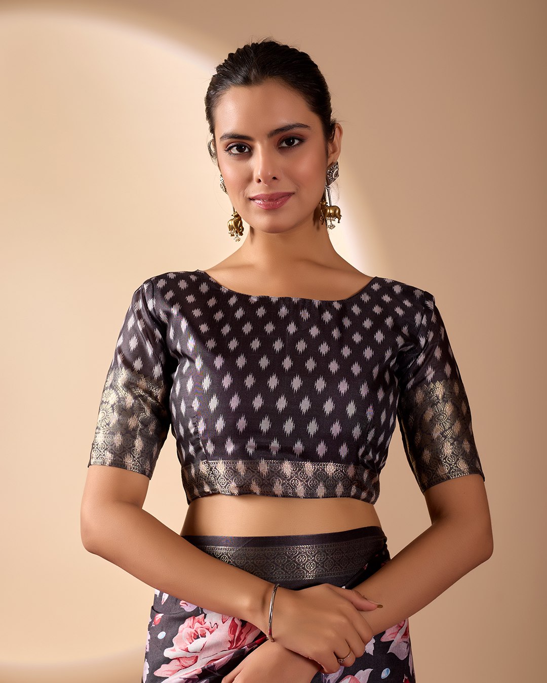Premium Soft Lichi Silk Saree in Rich Black Tone, adorned with Artistic Floral Prints and a Vibrant Traditional Multicolor Pallu.