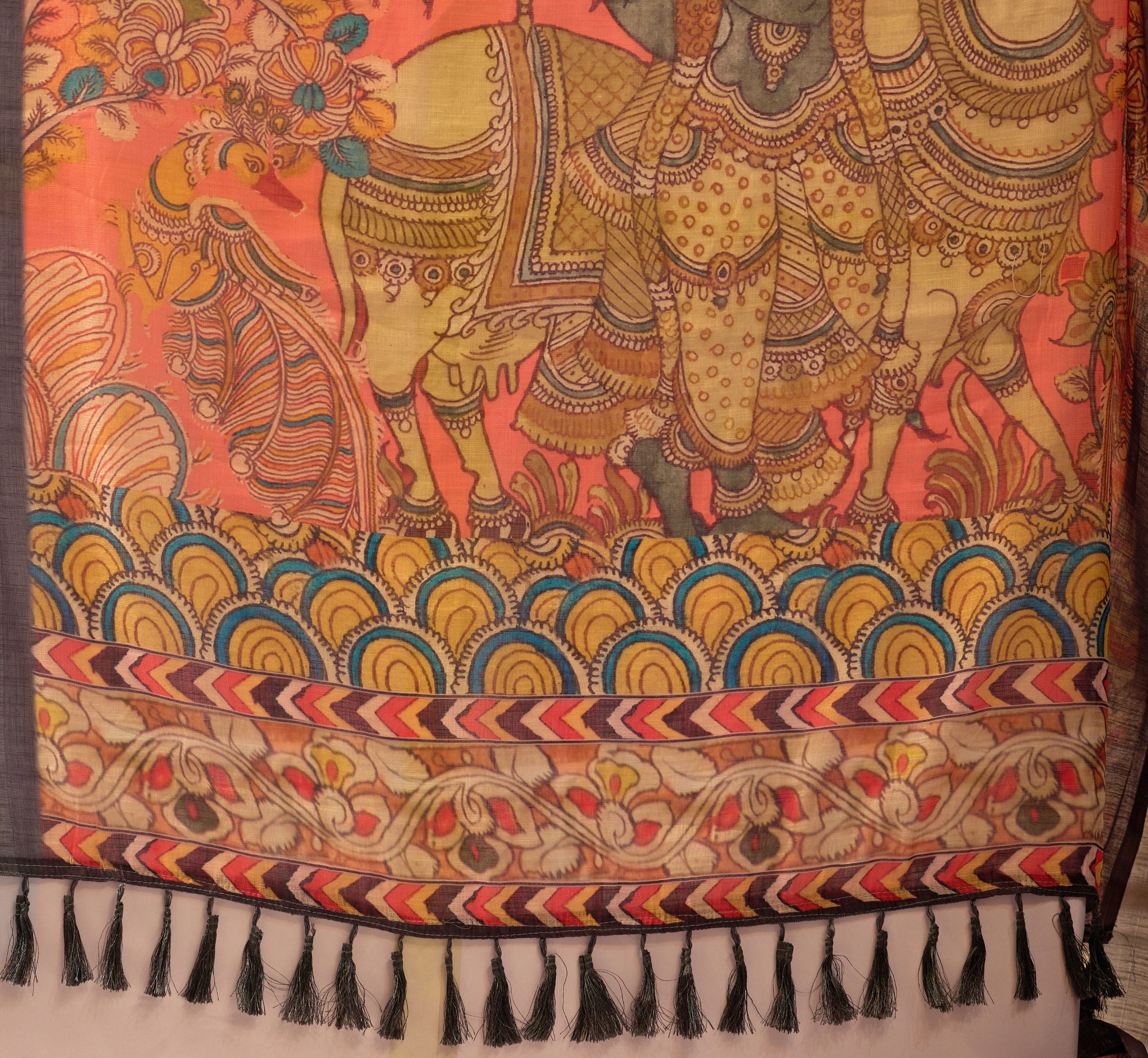 Premium Linen Cotton Saree with Elegant Digital Floral & Royal Ethnic Print & Classic Contrast Patola Style Border