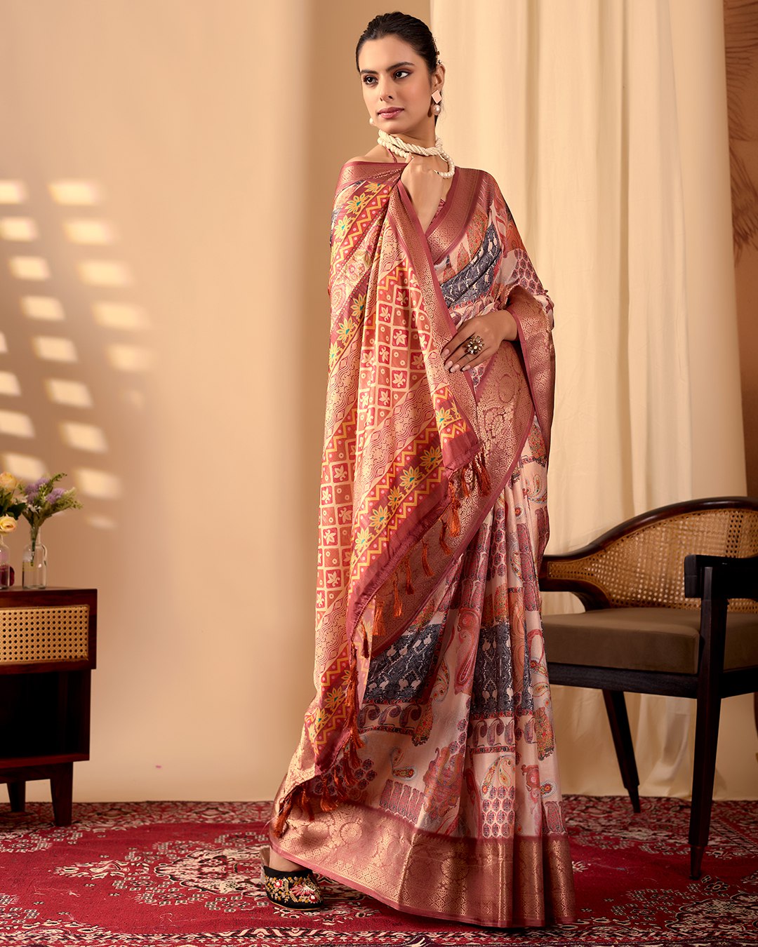 Premium Soft Lichi Silk Saree in an Elegant Peach & Multicolor Shade, beautifully adorned with Traditional and Artistic Digital Prints.