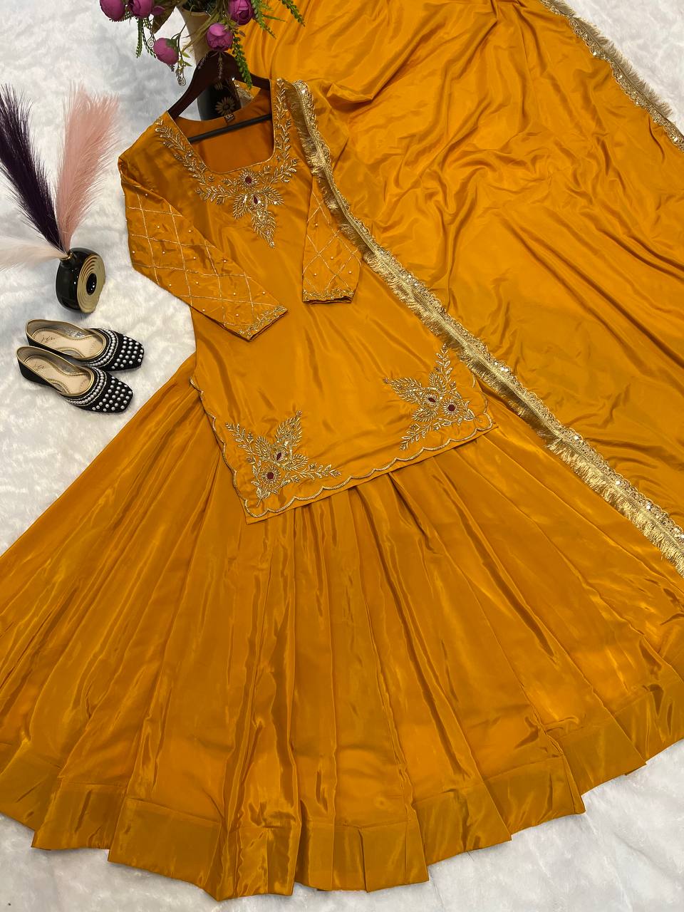 Make every occasion unforgettable with this luxurious Natural Crepe Silk Lehenga Set, crafted with rich handwork and flawless finishing