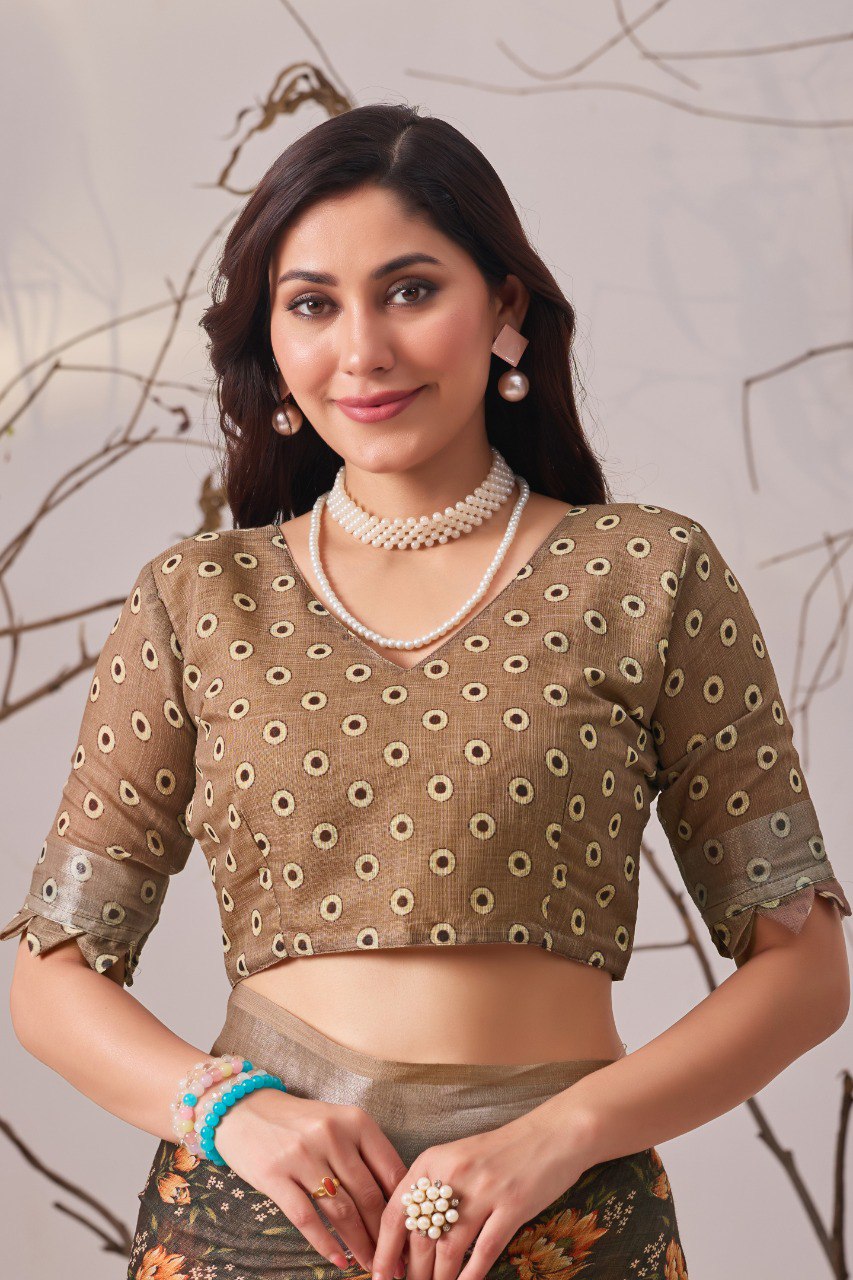 Linen Cotton Saree with Beautiful floral pattern Digital Printed Design