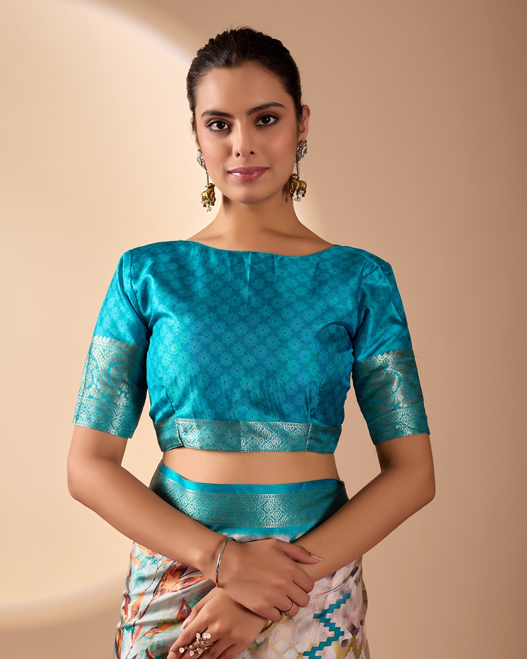 Soft Lichi Silk Saree featuring an Exquisite Combination of Modern Digital Print and Rich Traditional Zari Woven Border.