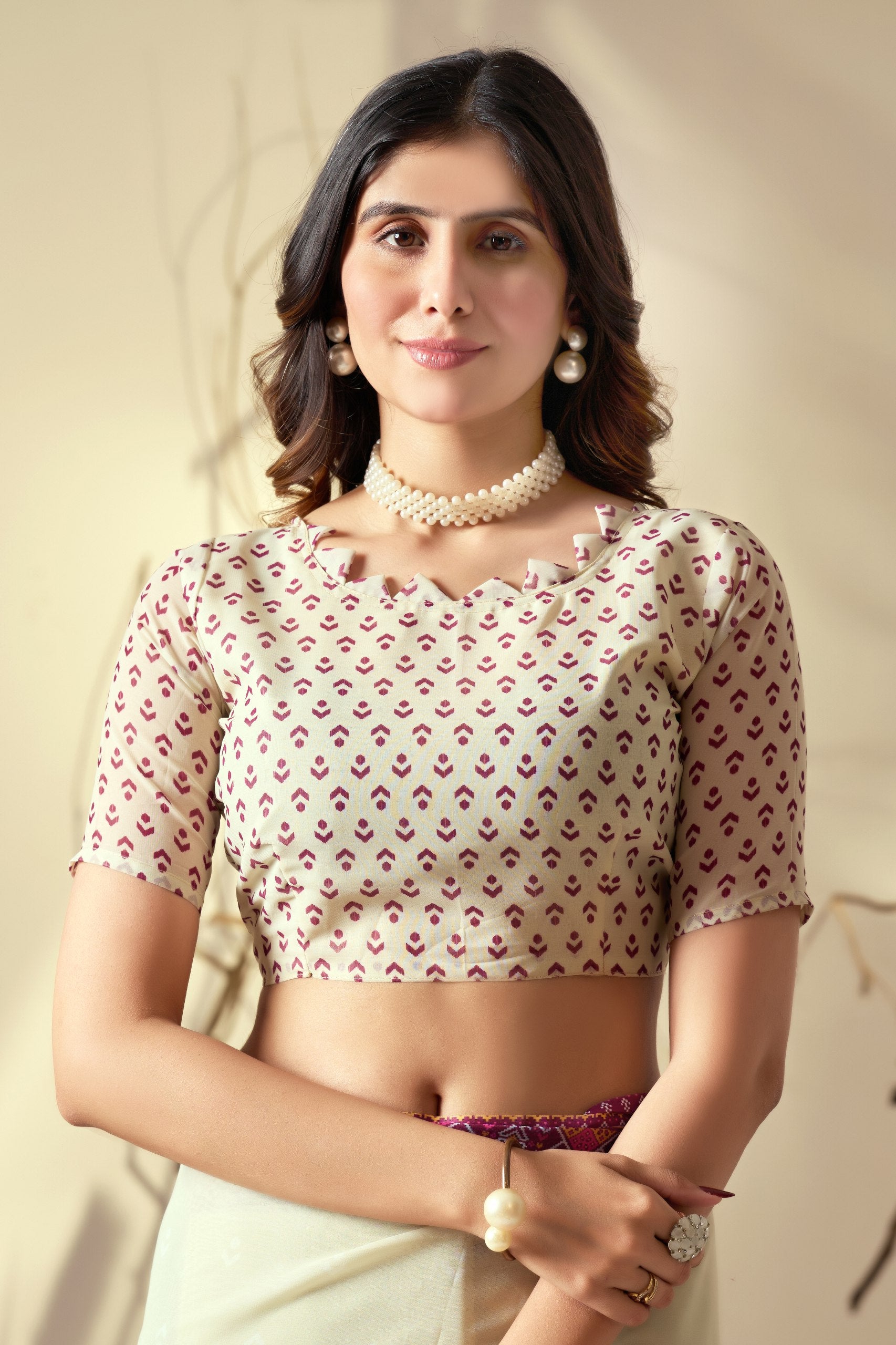 Soft Georgette Saree with Artistic Cream body and Deep Pink Geometric Digital Print border and pallu with Tassel Detailing (5.5 Mtr Saree)
