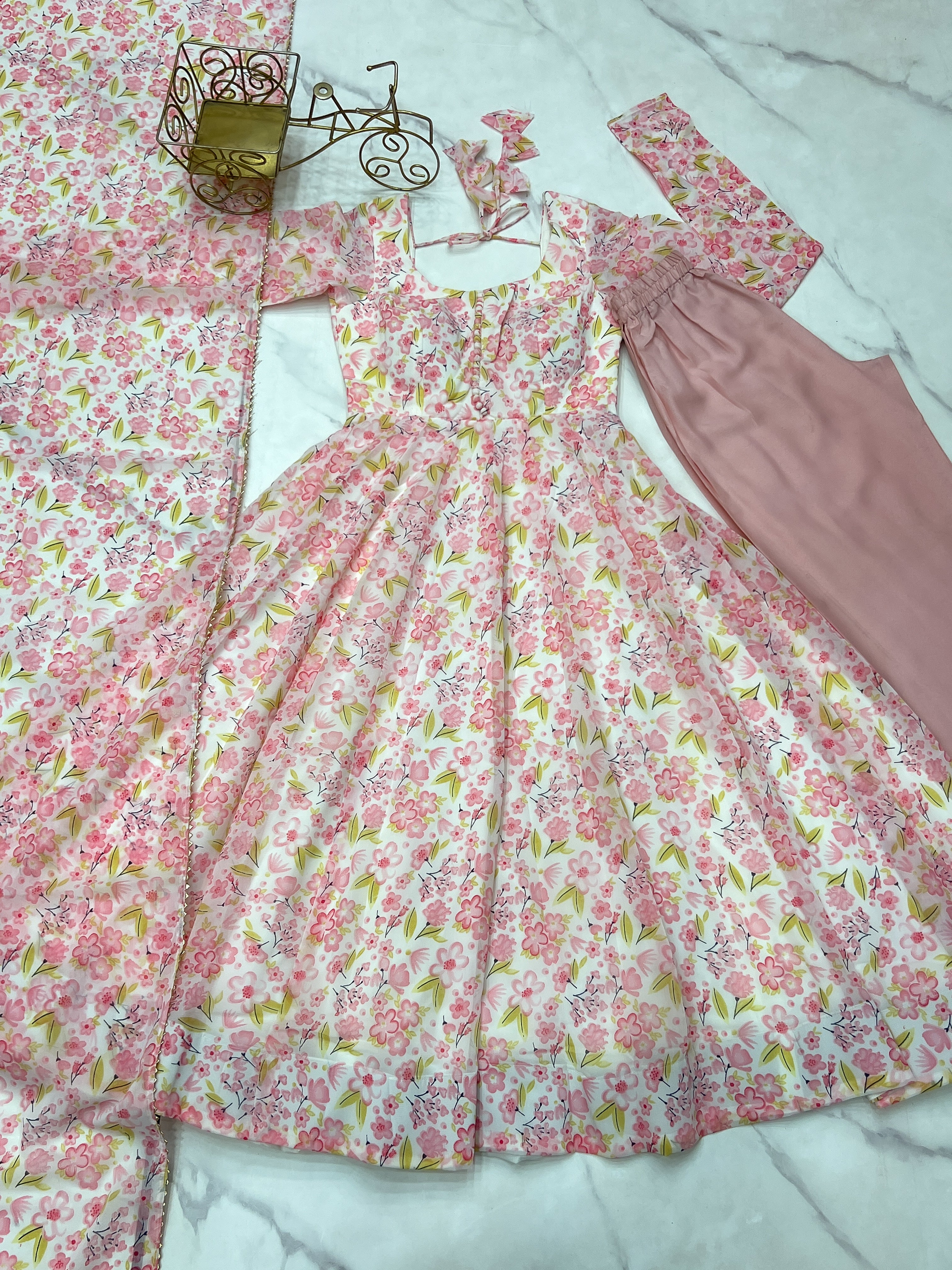 PURE ORANGE CHIFFON FLORAL PRINT FABRIC FULLY FLAIR ANARKALI,WITH DUPPTA SET,PENT READY TO WEAR