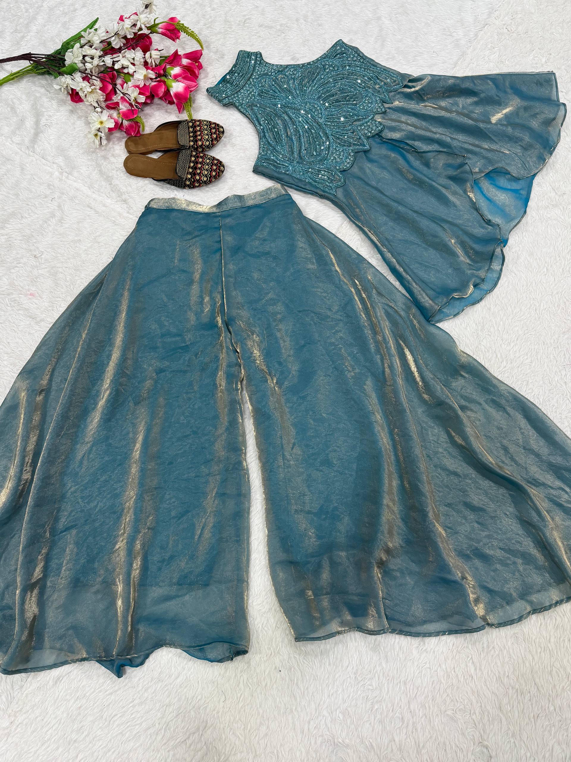 Elegant Fandy Silk Full Neck Sharara Set