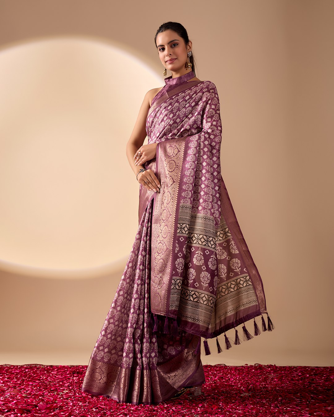 Regal Soft Lichi Silk Saree adorned with intricate digital ethnic weaving motifs and a luxurious golden zari border.