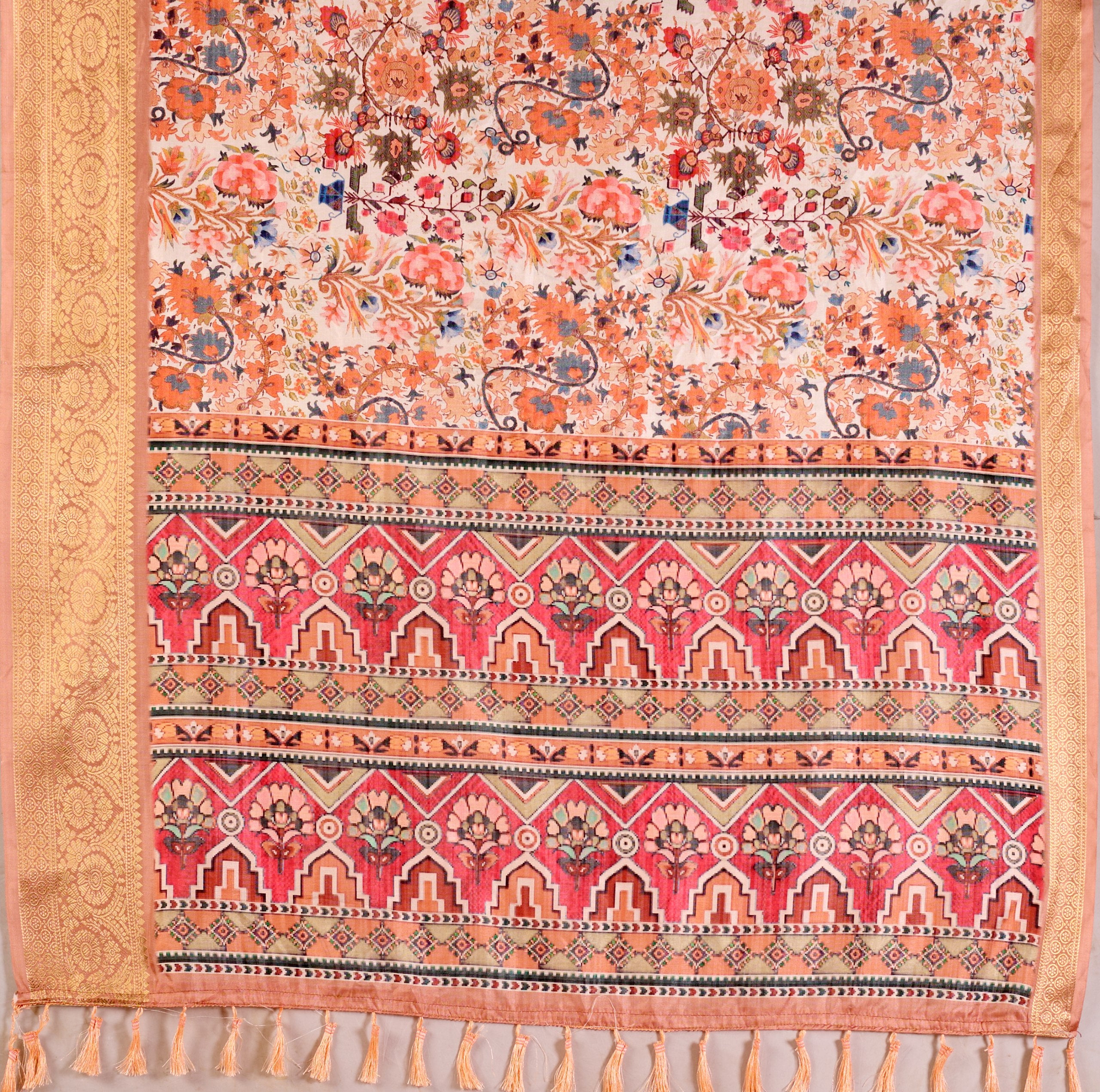 Premium Soft Lichi Silk Saree adorned with intricate floral digital weaving and luxurious golden zari border — blending timeless charm with regal grace.