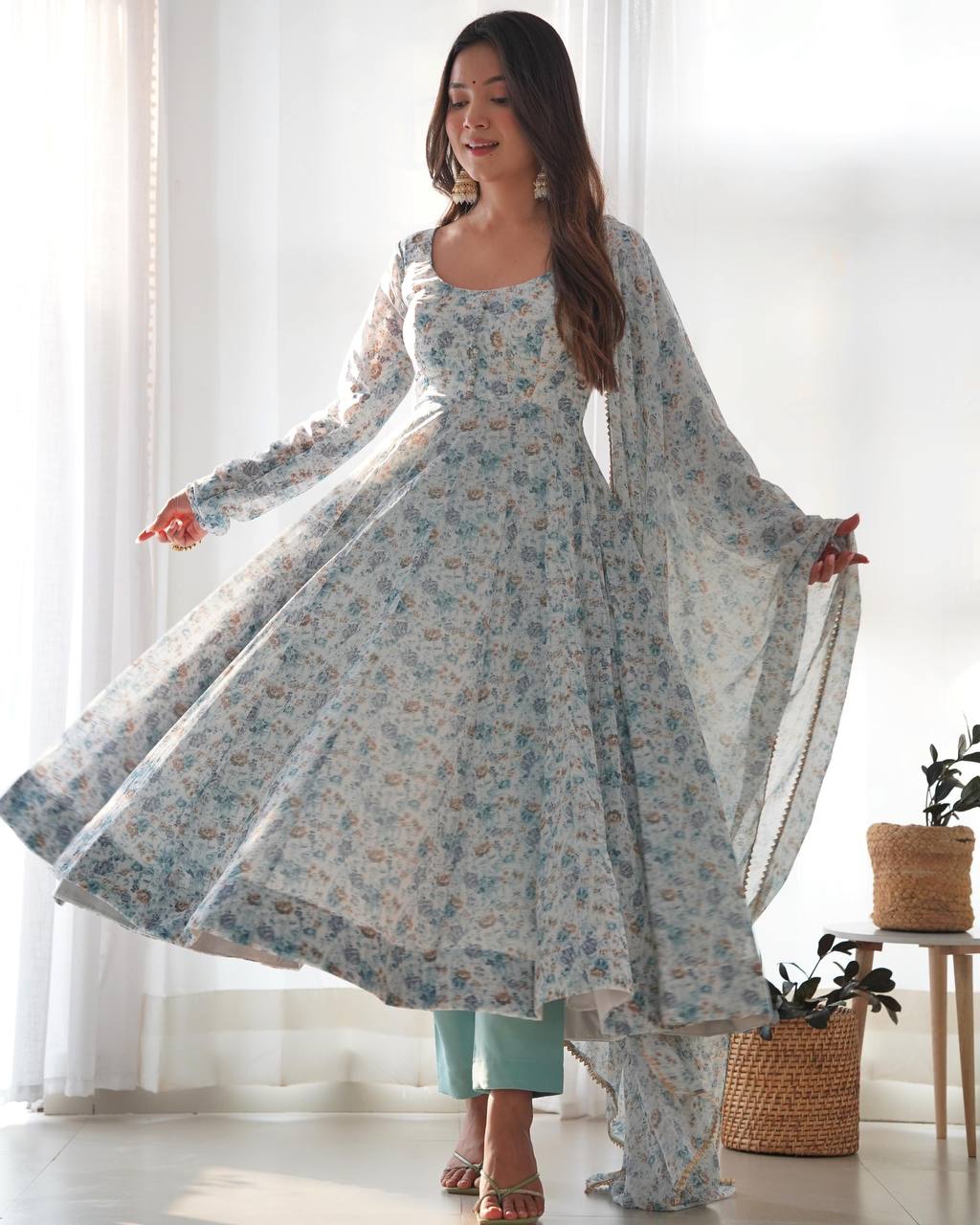 Pastel Floral Printed Organza Anarkali Suit set