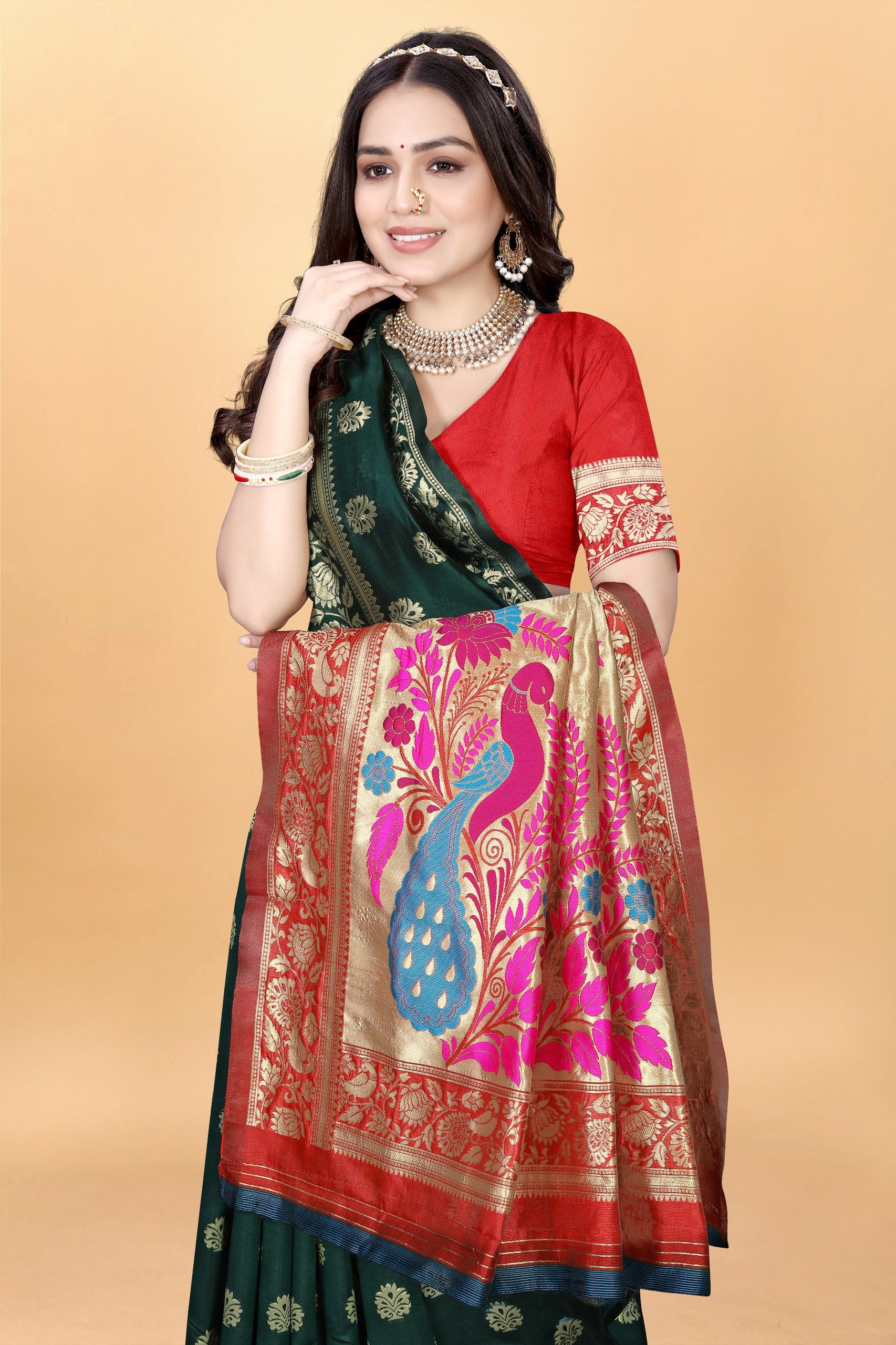 Majestic Banarasi Silk Saree with Dual Peacock Pallu and Zari Detailing