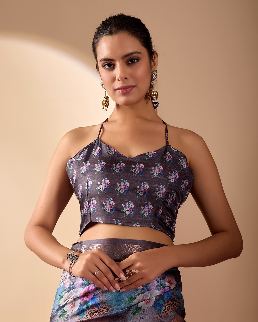 Gorgeous Soft Lichi Silk Saree featuring enchanting digital floral prints on a rich smoky grey base with an intricate golden zari border.